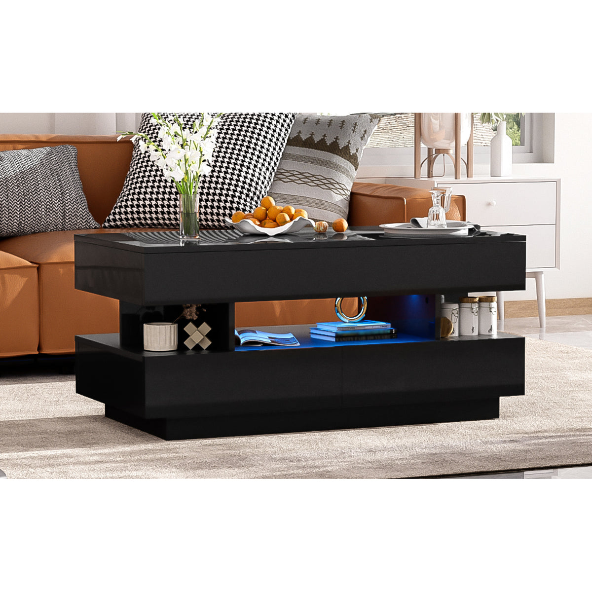 variant-group:rf-n724p290058b|Roomfitters Lift-Top Coffee Table with Hidden Storage and 2 Drawers, Multi-Functional Modern Table, Black