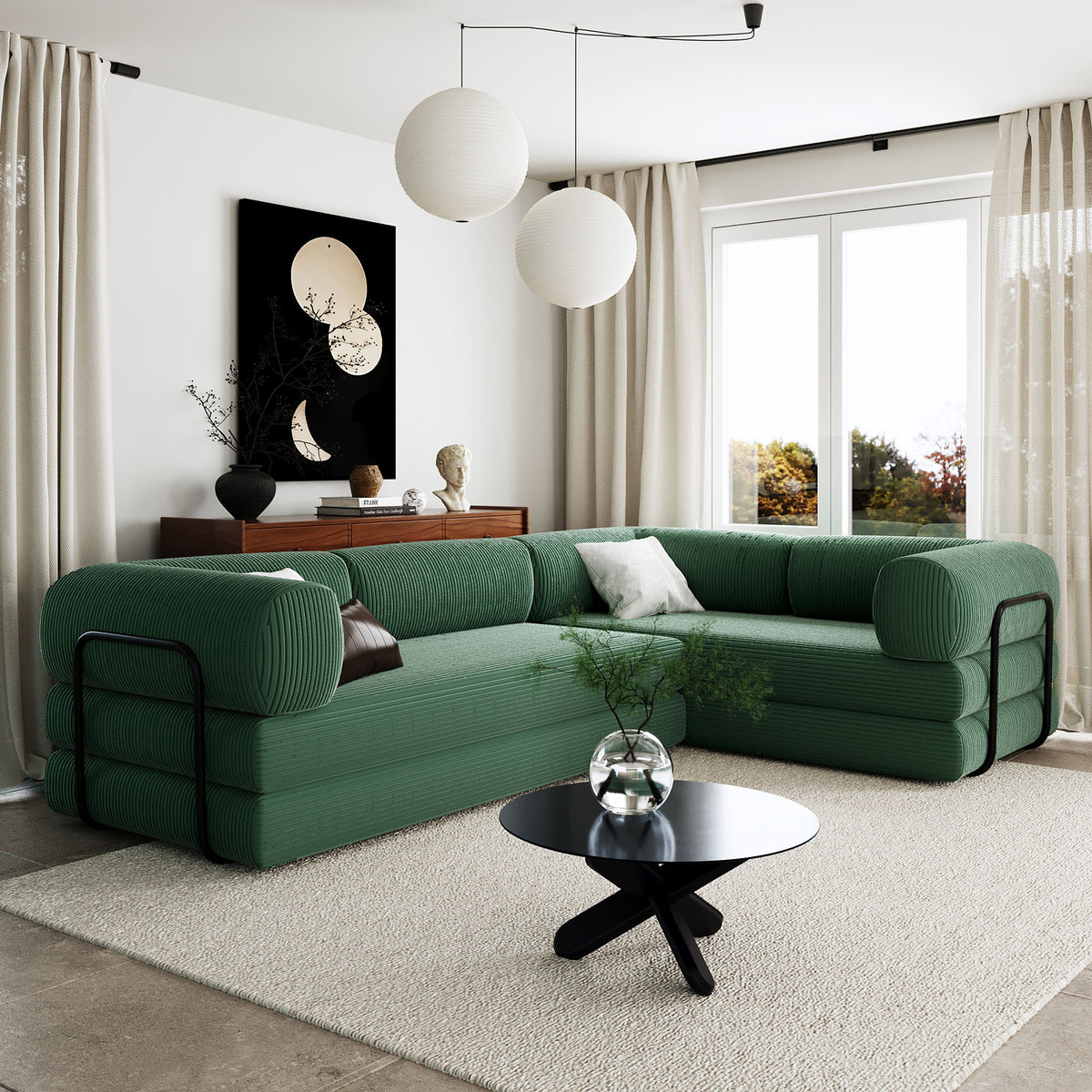 variant-group:rf-n711wy000463aac|Roomfitters Modern L-Shaped Modular Sofa Bed, Corduroy Convertible Sleeper Sectional Couch with Industrial Metal Frame, Green