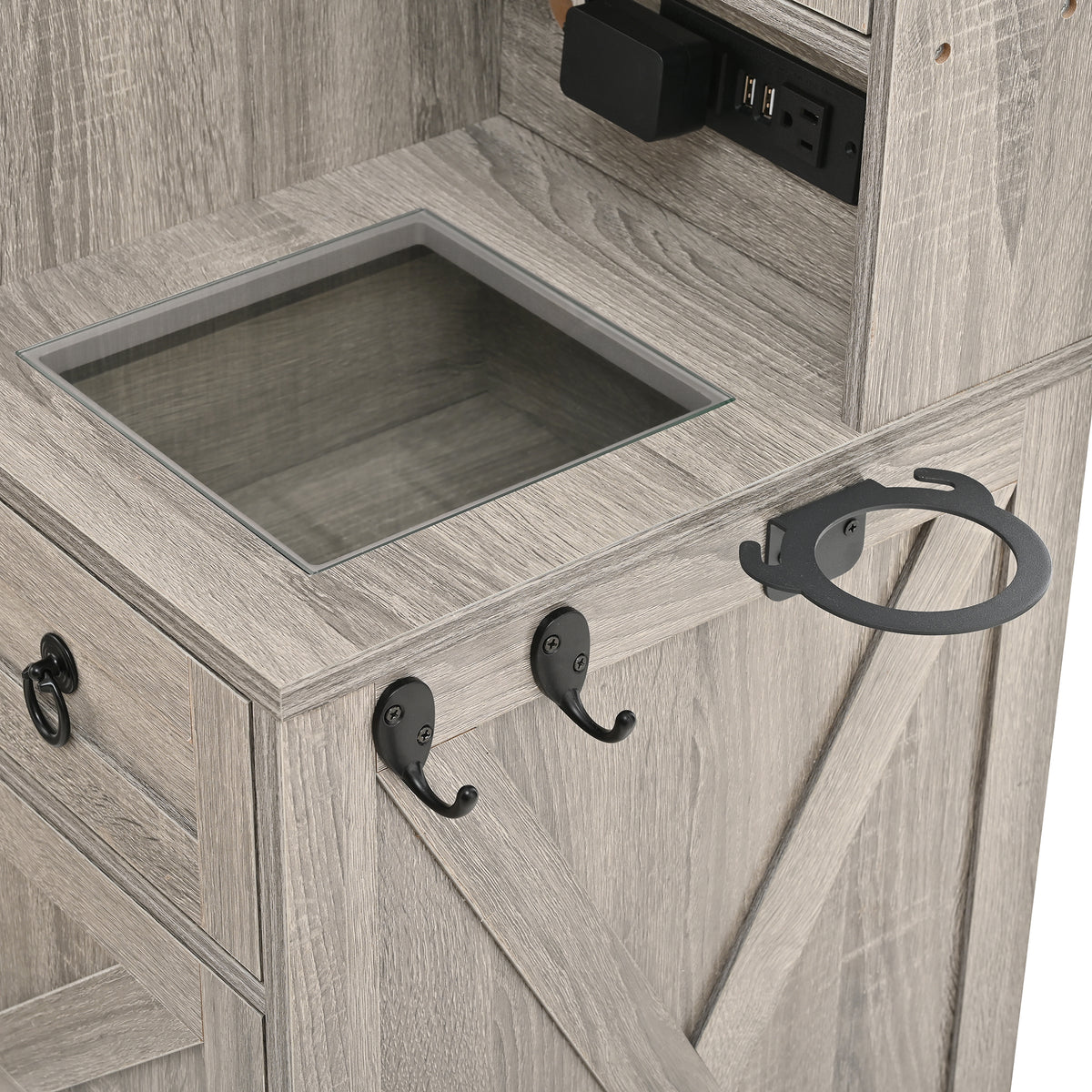 variant-group:rf-n733p340562g|Roomfitters Farmhouse Vanity Desk with Sliding Mirror & Lights, Glass Top, Charging Station, 4 Drawers, 2 Cabinets, Stool, Gray