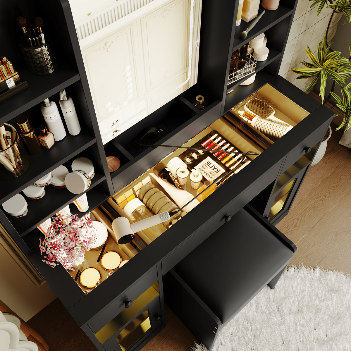 variant-group:rf-n704p407114b|Roomfitters 43.2" Makeup Vanity Desk with LED Lighted Mirror, Glass Door Cabinets, Charging Station and Stool, Black