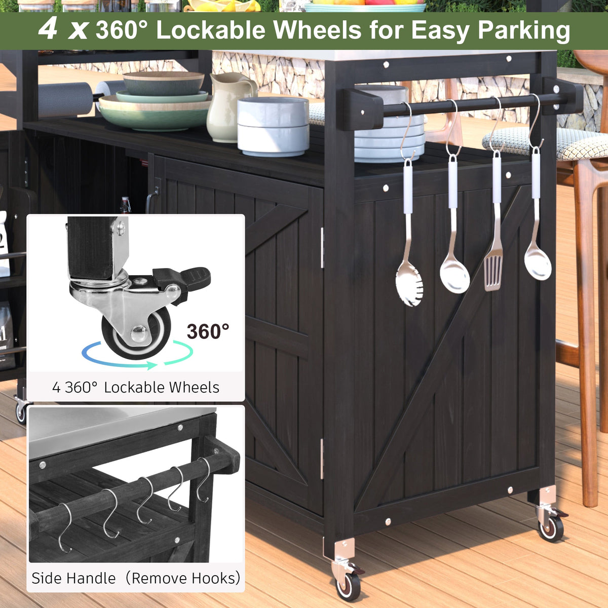 Roomfitters 56.5" Grill Cart, Outdoor Kitchen Island with Stainless Steel Top and Storage Cabinet, BBQ Prep Station, Black