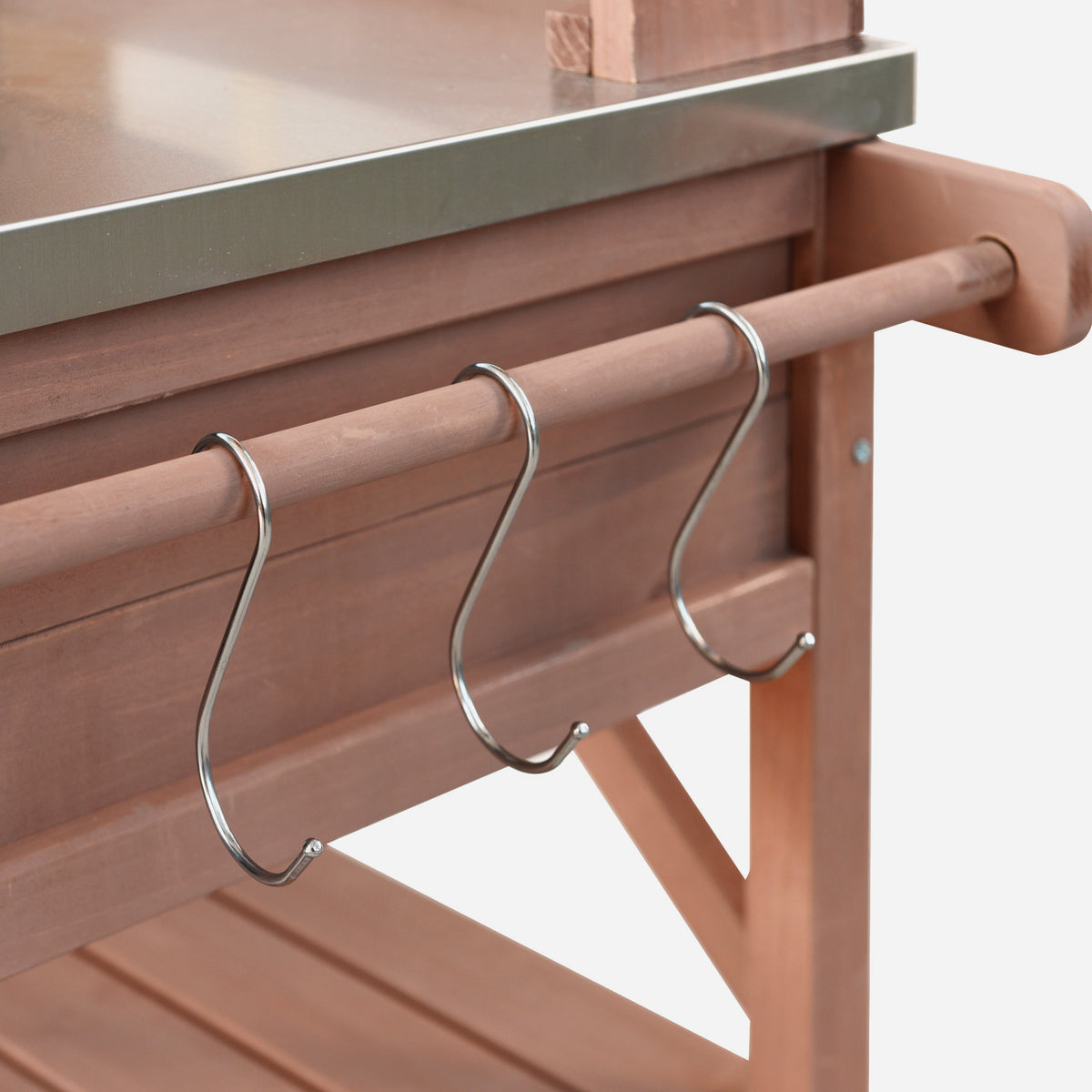 variant-group:rf-n707p228274z|Roomfitters 64.9" Outdoor Potting Bench Table, Rolling Kitchen Island with Hutch, Stainless Steel Top, Storage, Brown