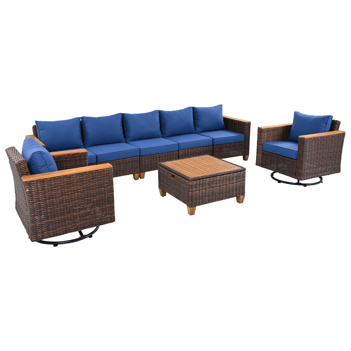 variant-group:rf-n707s005016e|Roomfitters 8-Piece Patio Furniture Set with 360 Swivel Rocker Chairs, Modular Outdoor Sectional Sofa & Table, Blue+Brown
