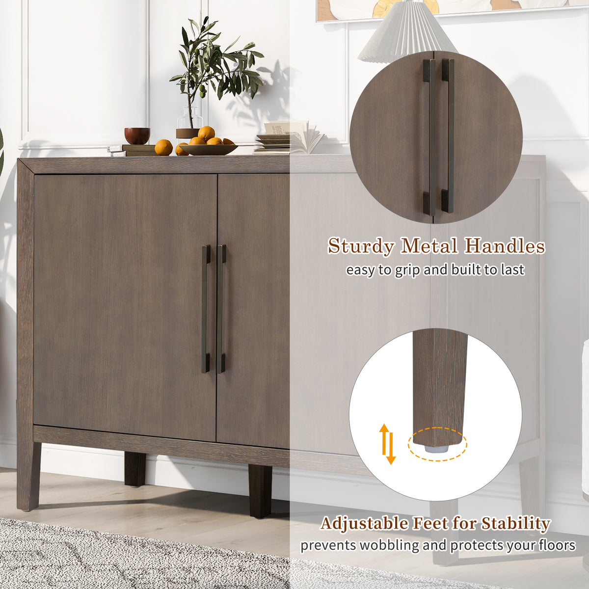 variant-group:rf-n711p410389d|Roomfitters 47.25-Inch Farmhouse Sideboard, 2-Door Buffet Cabinet, Medium Brown Wooden Storage Console, Metal Handles