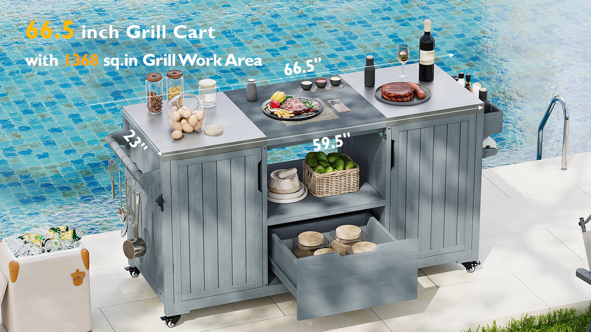 variant-group:rf-n707p250629g|Roomfitters 66.5" Outdoor Kitchen Island for Big Kamado Grills, Wood Grill Cart with Stainless Steel Top, Storage, Grey Blue