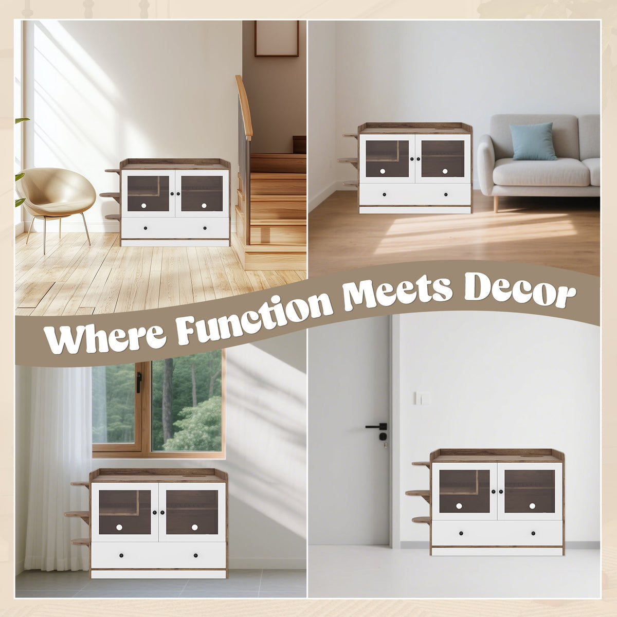 Roomfitters Luxury Cat Litter Box Enclosure Furniture Side Table Cabinet with Deep Cleaning Drawer White Brown Roomfitters