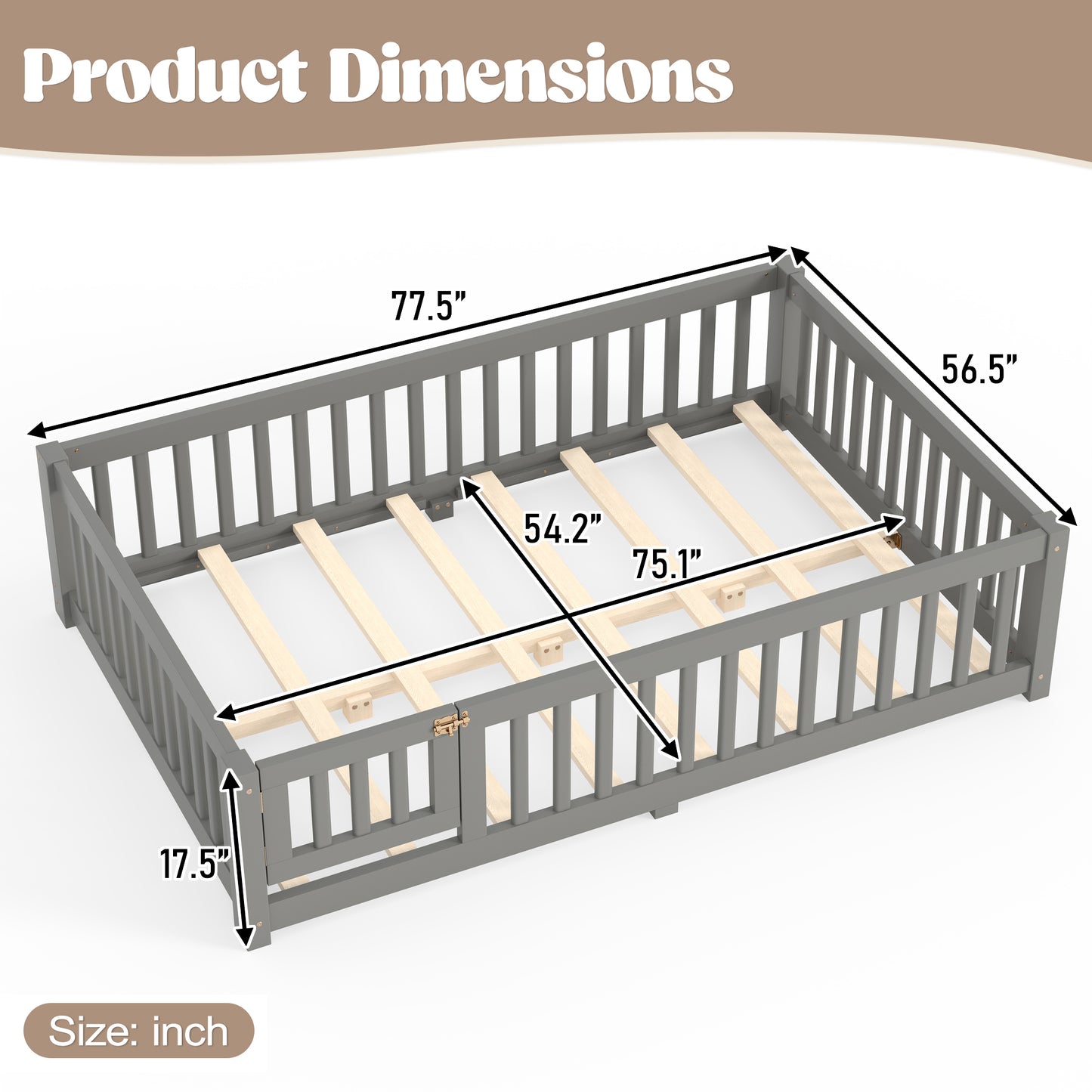 variant-group:rf-w1580p462318|Roomfitters Full Size Wooden Floor Bed Frame with Safety Guardrails Door, Solid Wood Low Profile Toddler Play Bed, Gray