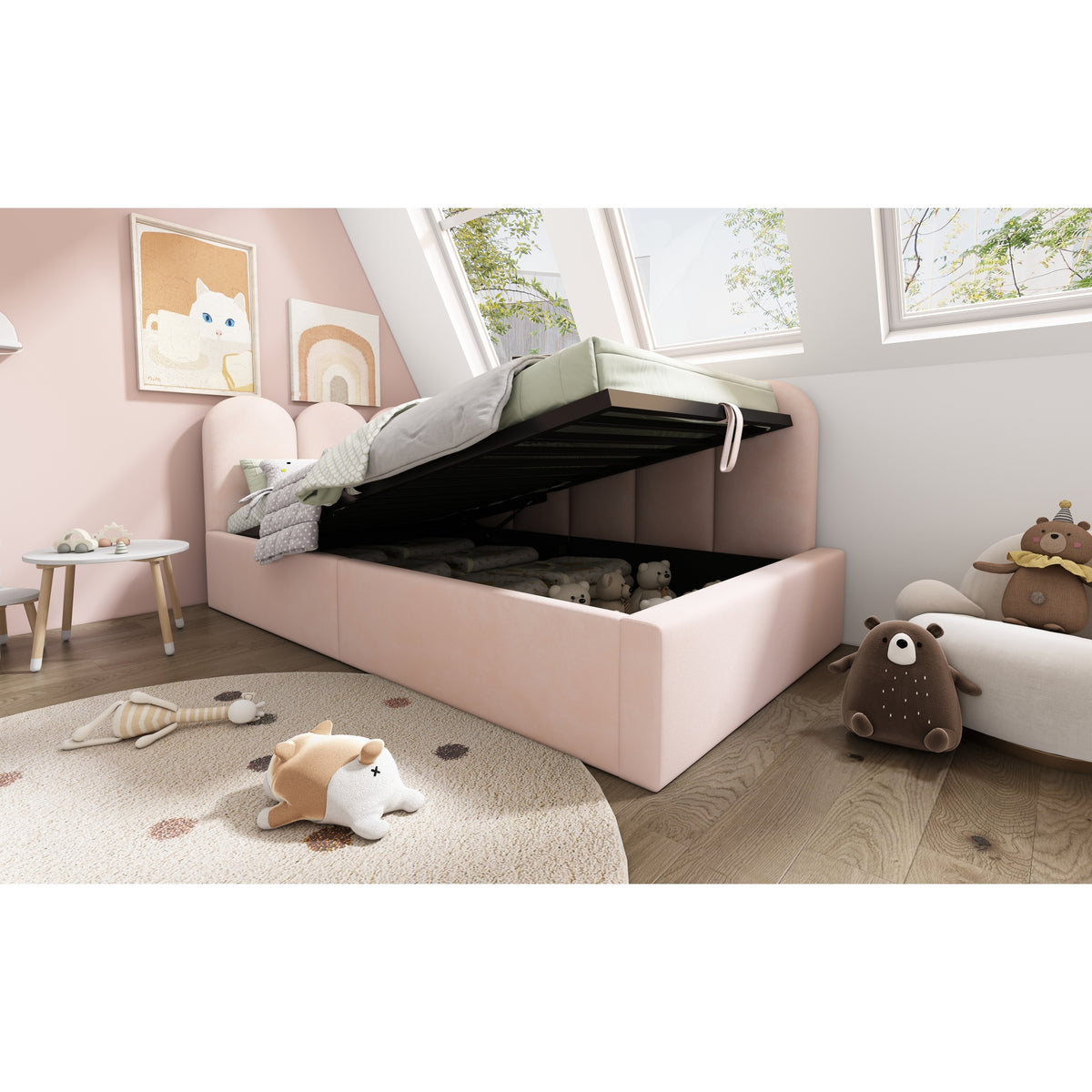 variant-group:rf-n736p333613p|Roomfitters Upholstered Twin Size Ottoman Daybed with Storage, Sofa Bed with Metal Slat Frame, Velvet Pink