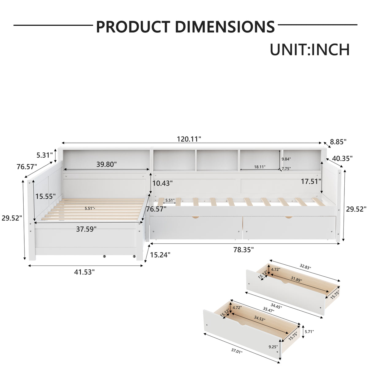 variant-group:rf-n733s369272k|Roomfitters Twin L-Shaped Daybed for 2 with 3 Storage Drawers, Wooden Corner Bed Frame with Bookshelf for Bedroom, White