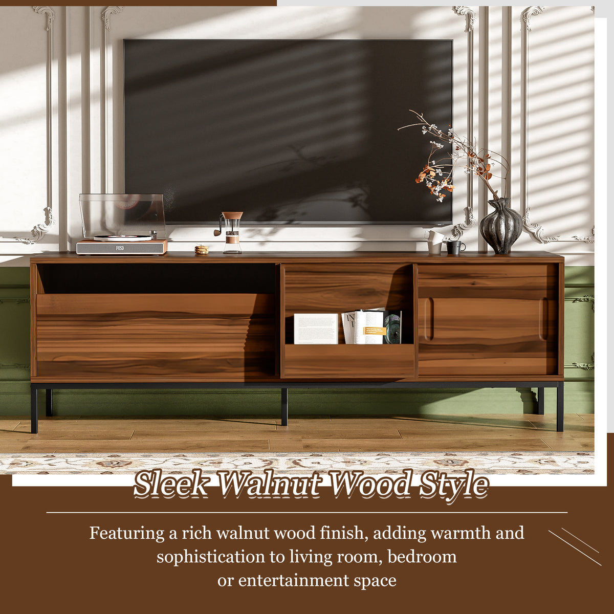 variant-group:rf-n724p360370d|Roomfitters Mid-Century Modern 70" TV Stand Console with Sliding Doors, Brown