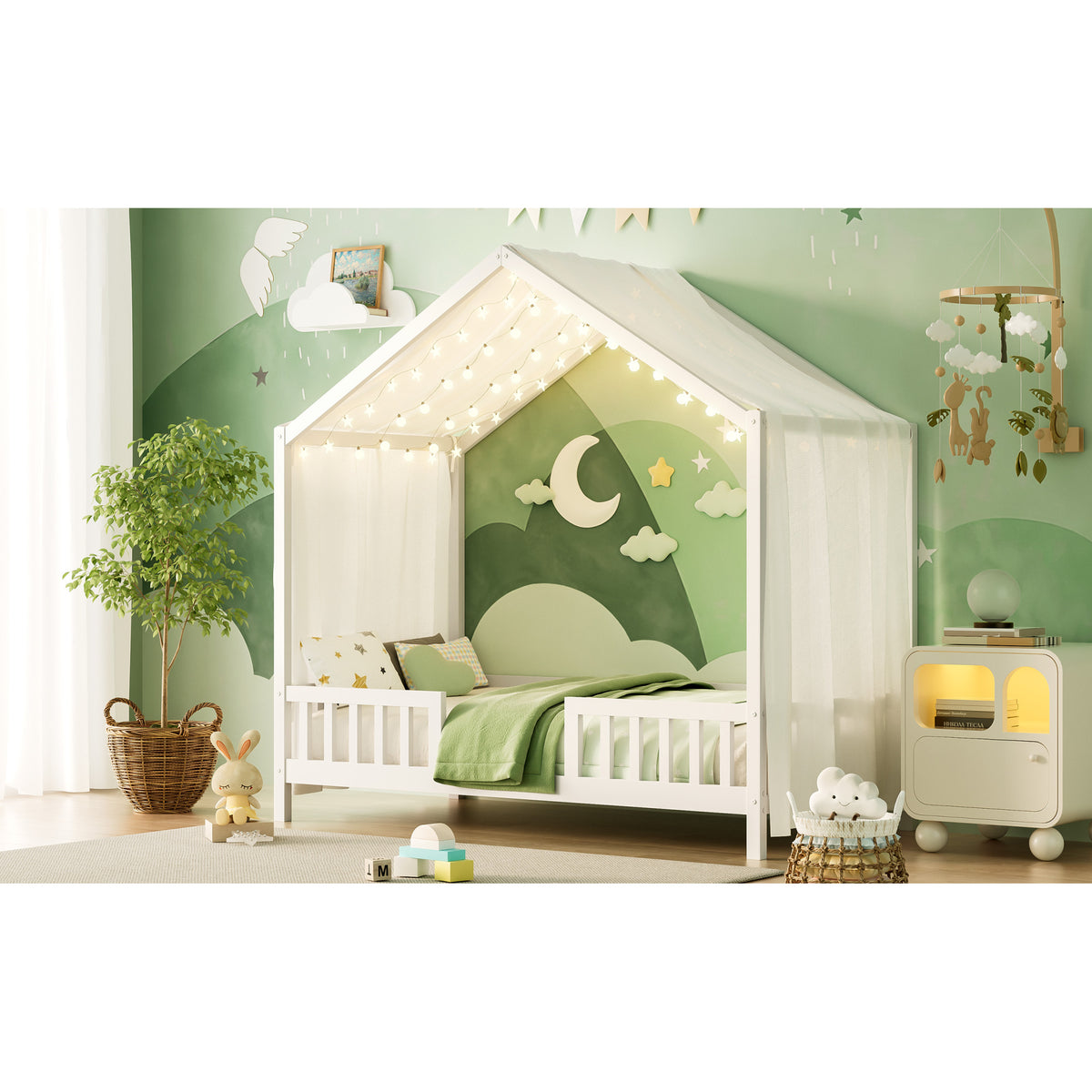 variant-group:rf-n733p356043k|Roomfitters Twin Montessori Floor Bed with Canopy, House Shape Wood Frame with Safety Rails, Youth Platform Bed, White