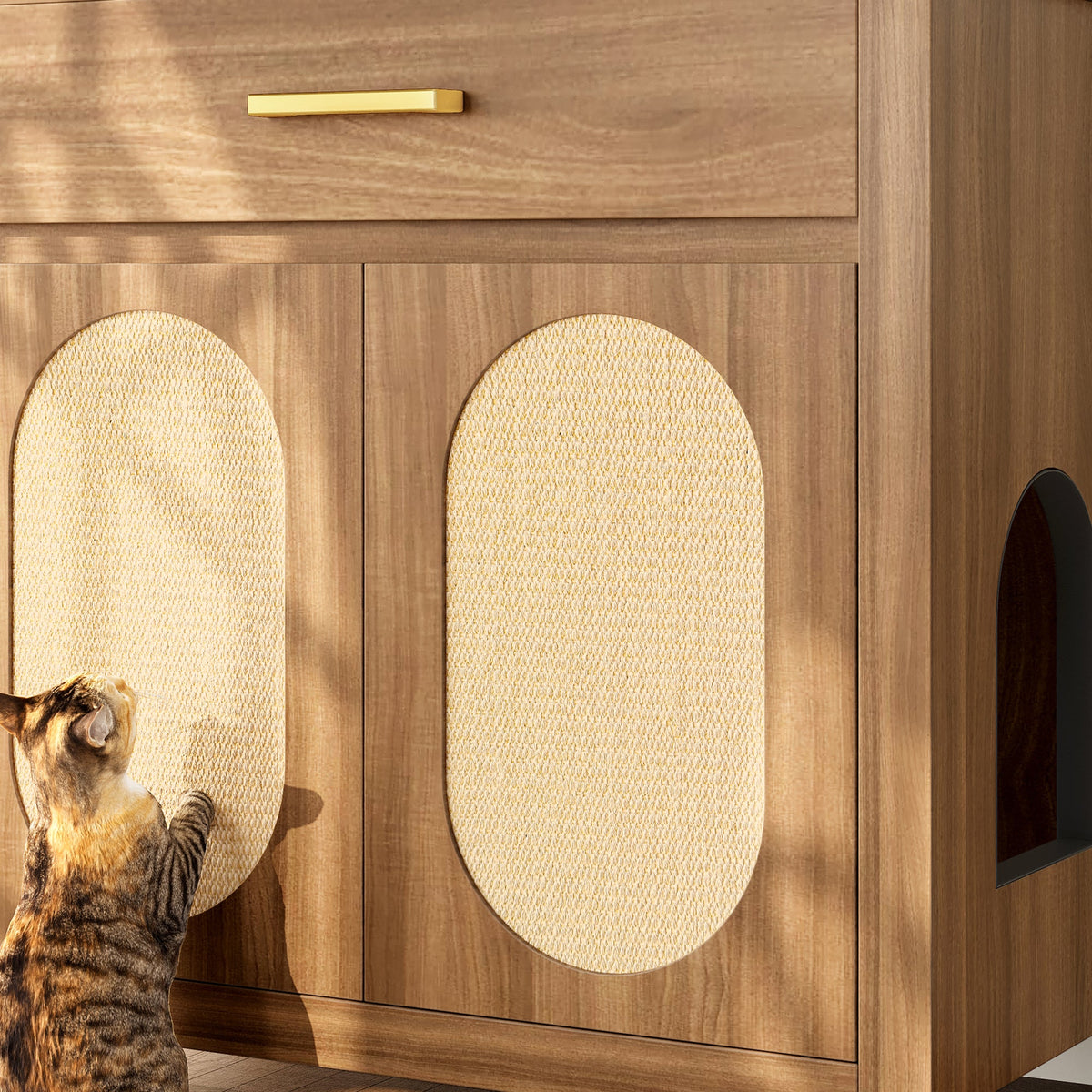 Roomfitters Espresso Cat Litter Box Enclosure End Table Nightstand with Sisal Scratching Pad Cabinet Doors Roomfitters