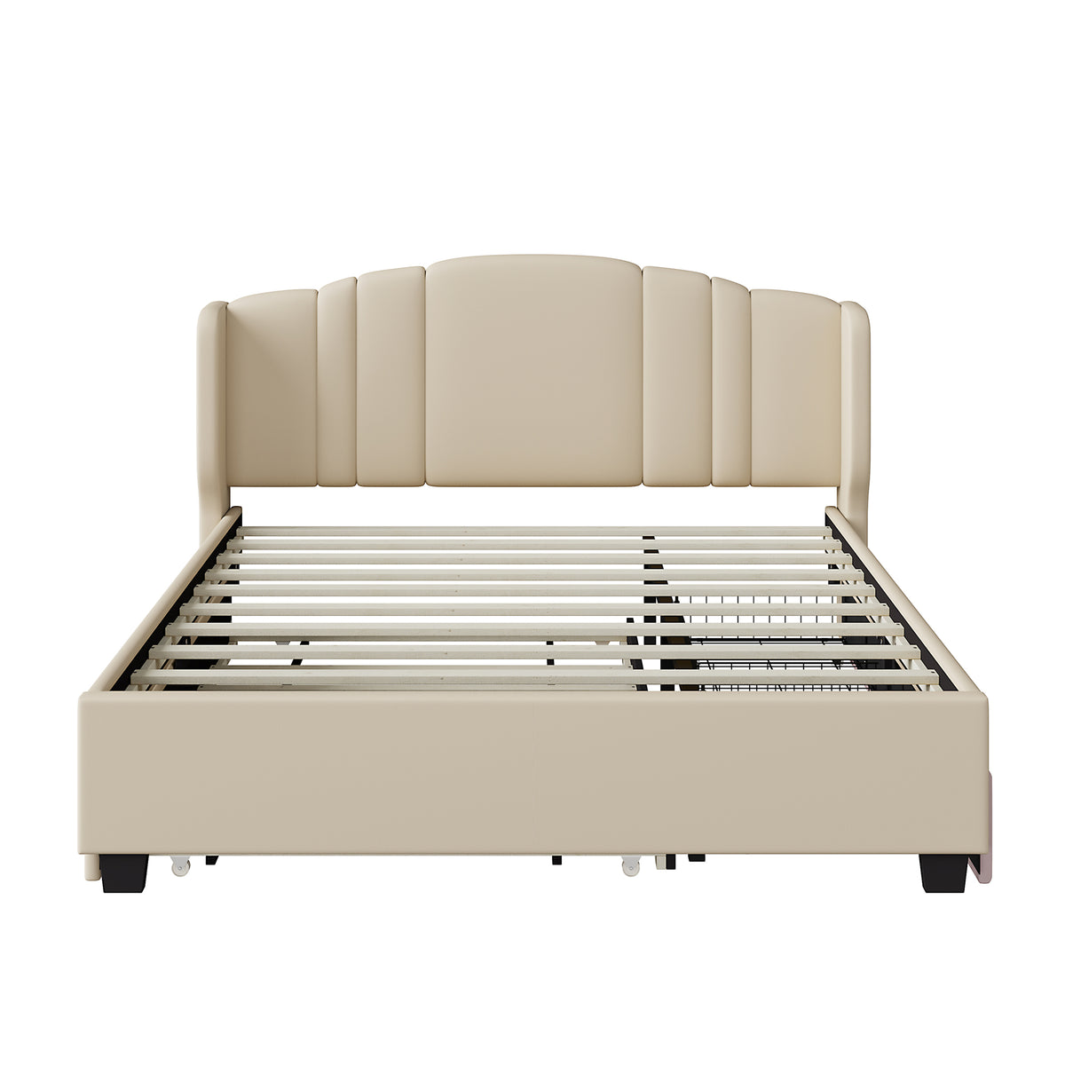variant-group:rf-n733s208132a|Roomfitters Twin Size Trundle Upholstered Platform Bed with Wingback Headboard and 2 Drawers, No Box Spring Needed, Linen Fabric, Queen Size, Beige