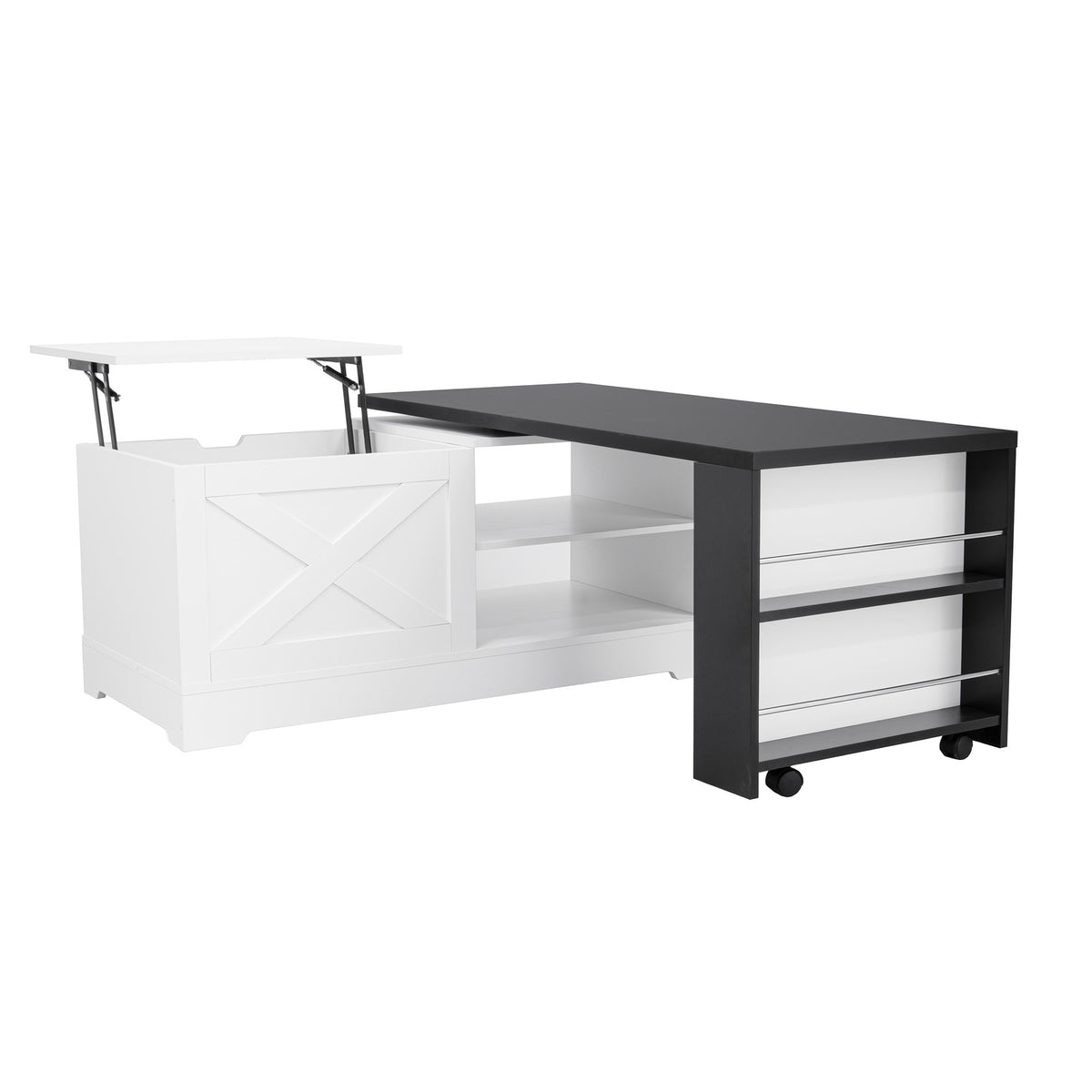 variant-group:rf-n724p351732k|Roomfitters Farmhouse Lift Top Coffee Table with Barn Doors and Outlets, White & Black