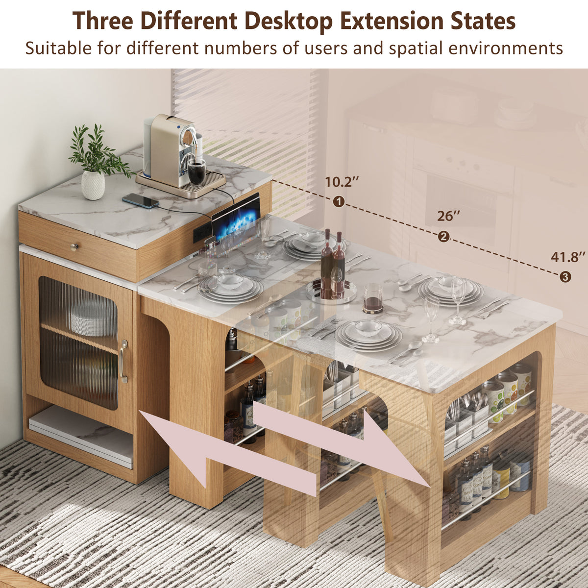 variant-group:rf-n707s000017y|Roomfitters 59.5" Kitchen Island with 41.8" Extendable Dining Table, Double-Sided Storage, Power Outlet, 2 Drawers, Natural