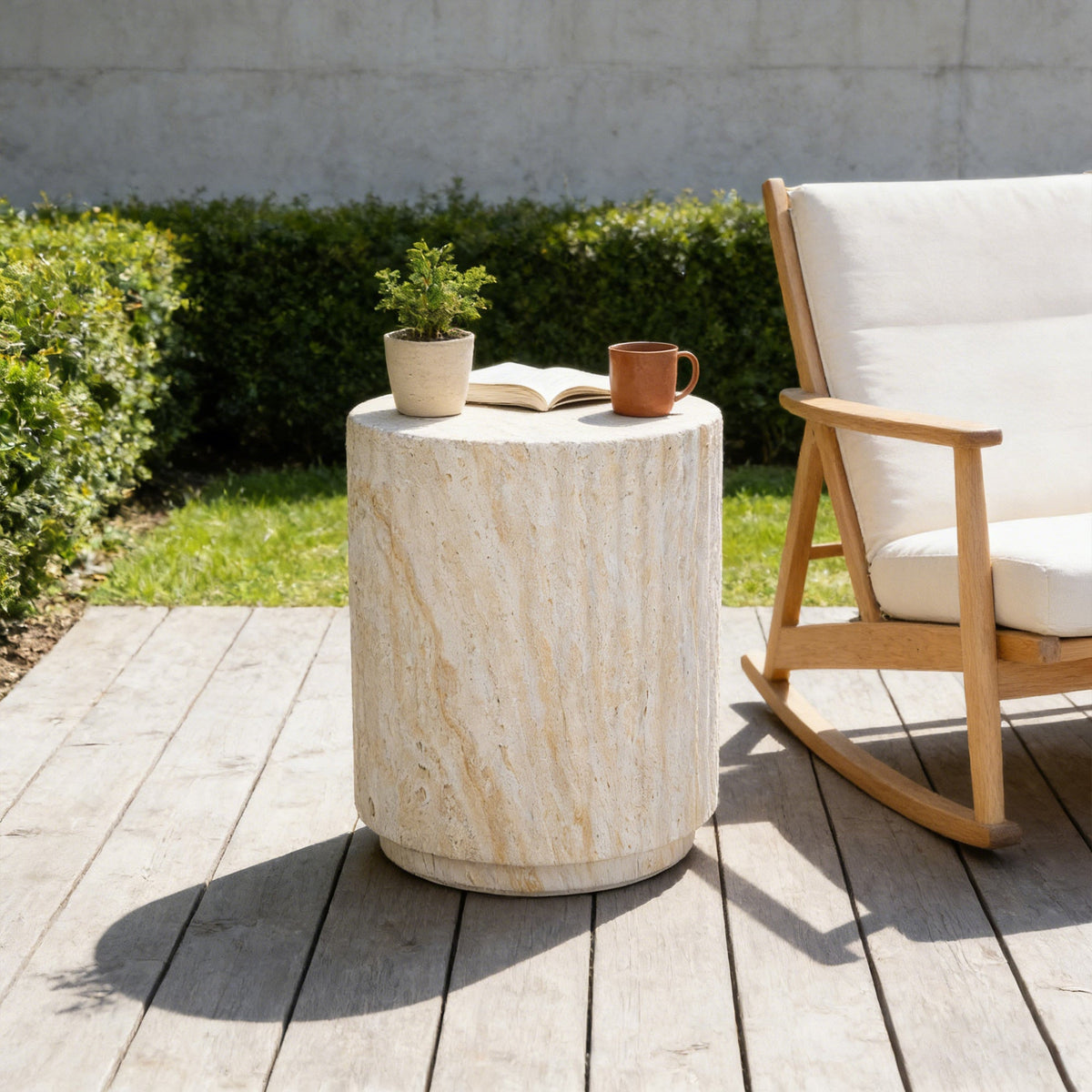 Roomfitters Modern Cylinder Wave Outdoor Side Table, Round Plant Stand, Beige MgO Patio End Table, Ripple Design Roomfitters