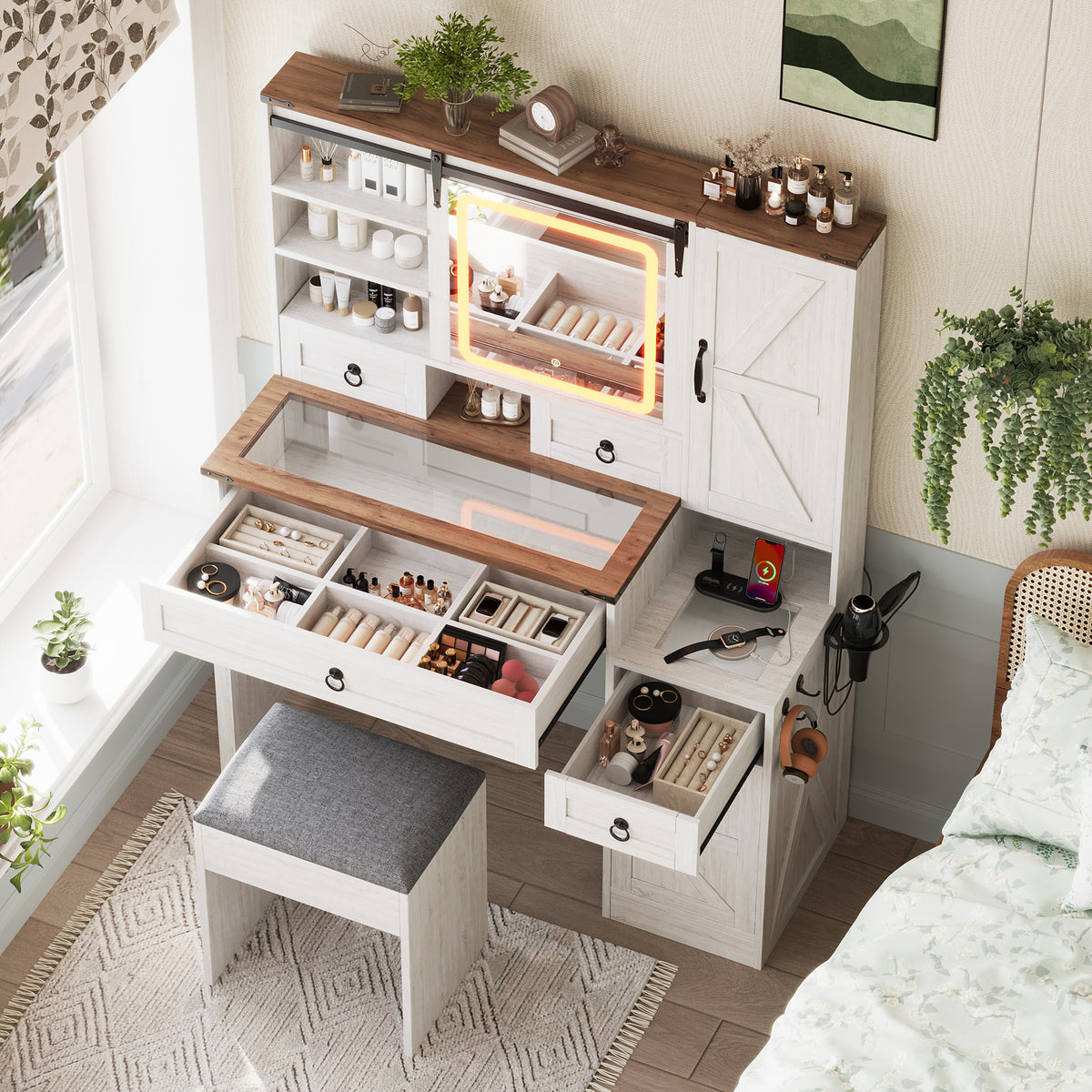 variant-group:rf-n733p340562k|Roomfitters Farmhouse Vanity Desk with Sliding Mirror & Lights, Glass Top, Charging Station, 4 Drawers, 2 Cabinets, Stool, White