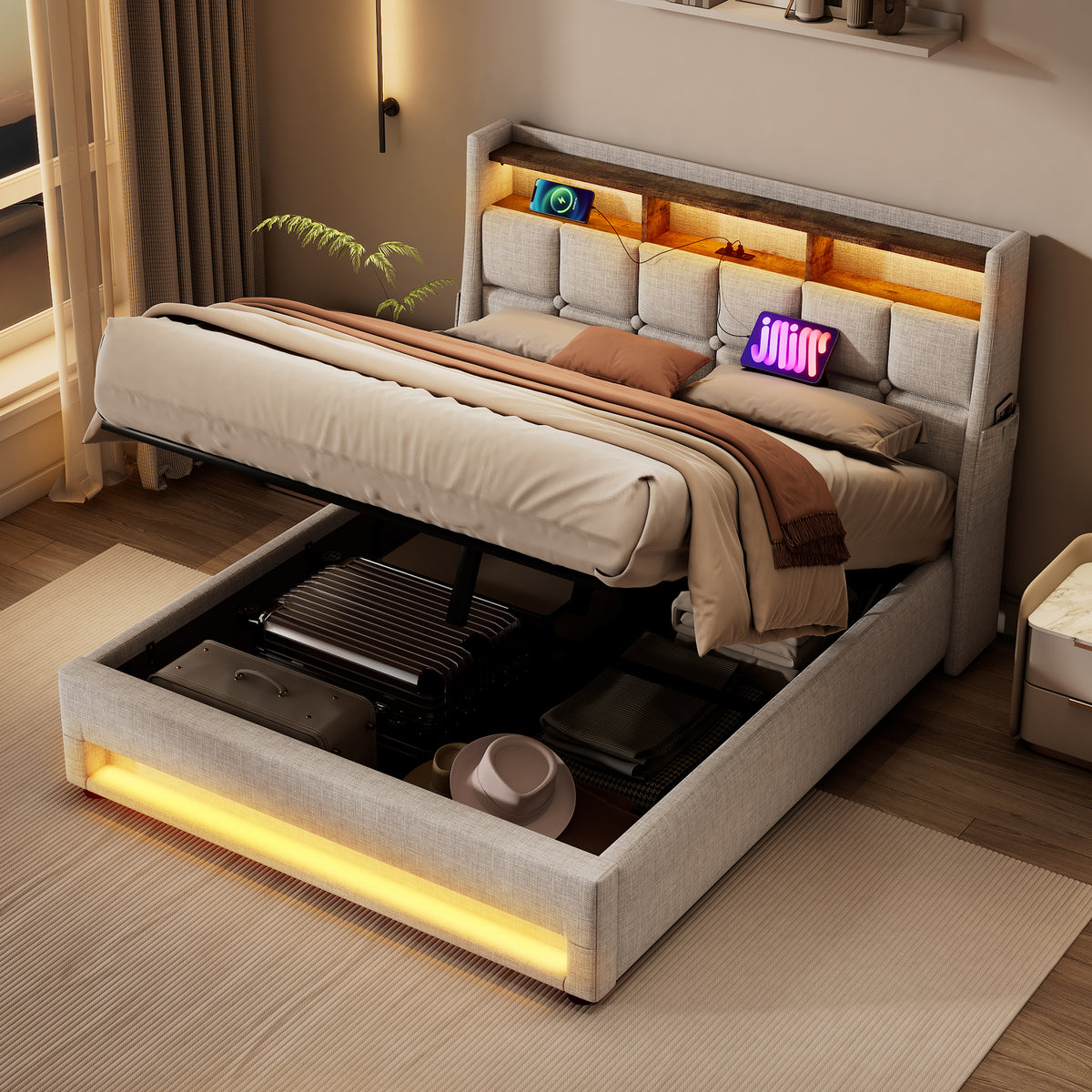 variant-group:rf-n736aa20690708b|Roomfitters Full Size Upholstered Platform Bed with Storage System, USB Charging Ports, Natural