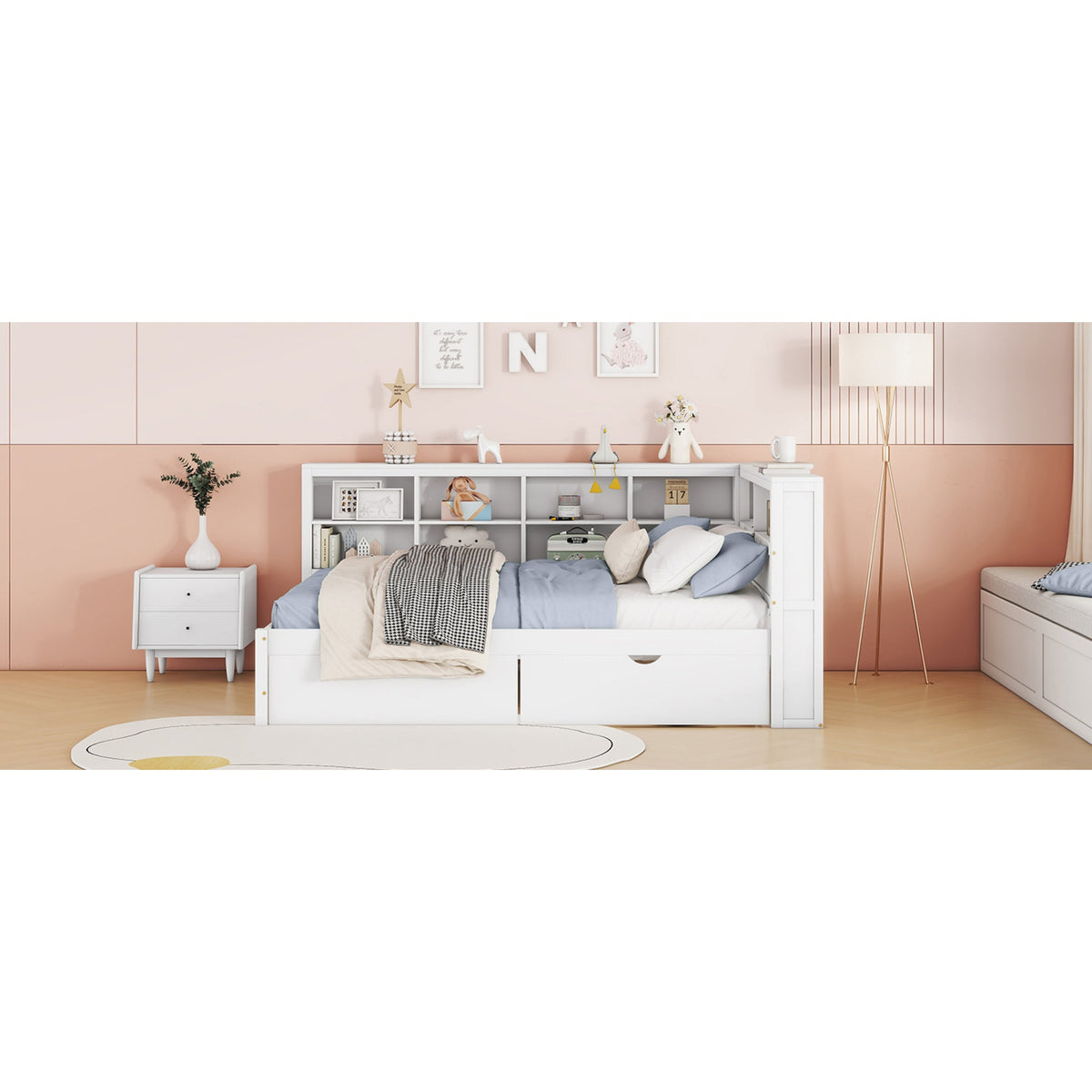 Roomfitters Wooden Full Daybed with Underbed Storage, Built-In Shelf & USB Charging Ports, White
