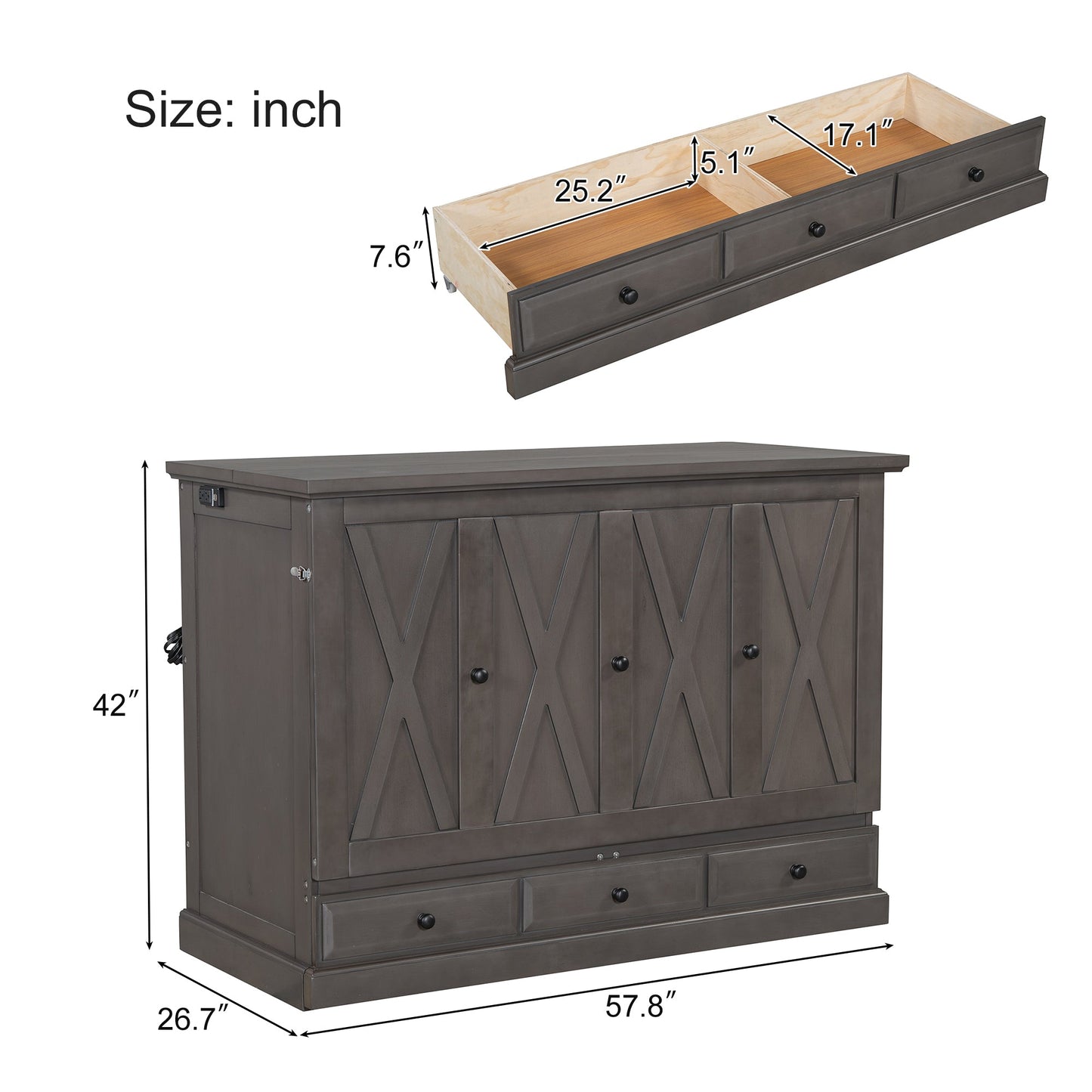 Roomfitters Full Size Solid Wood Murphy Bed Chest Cabinet, Farmhouse Wall Bed Charging Station Storage Drawer, Grey Roomfitters