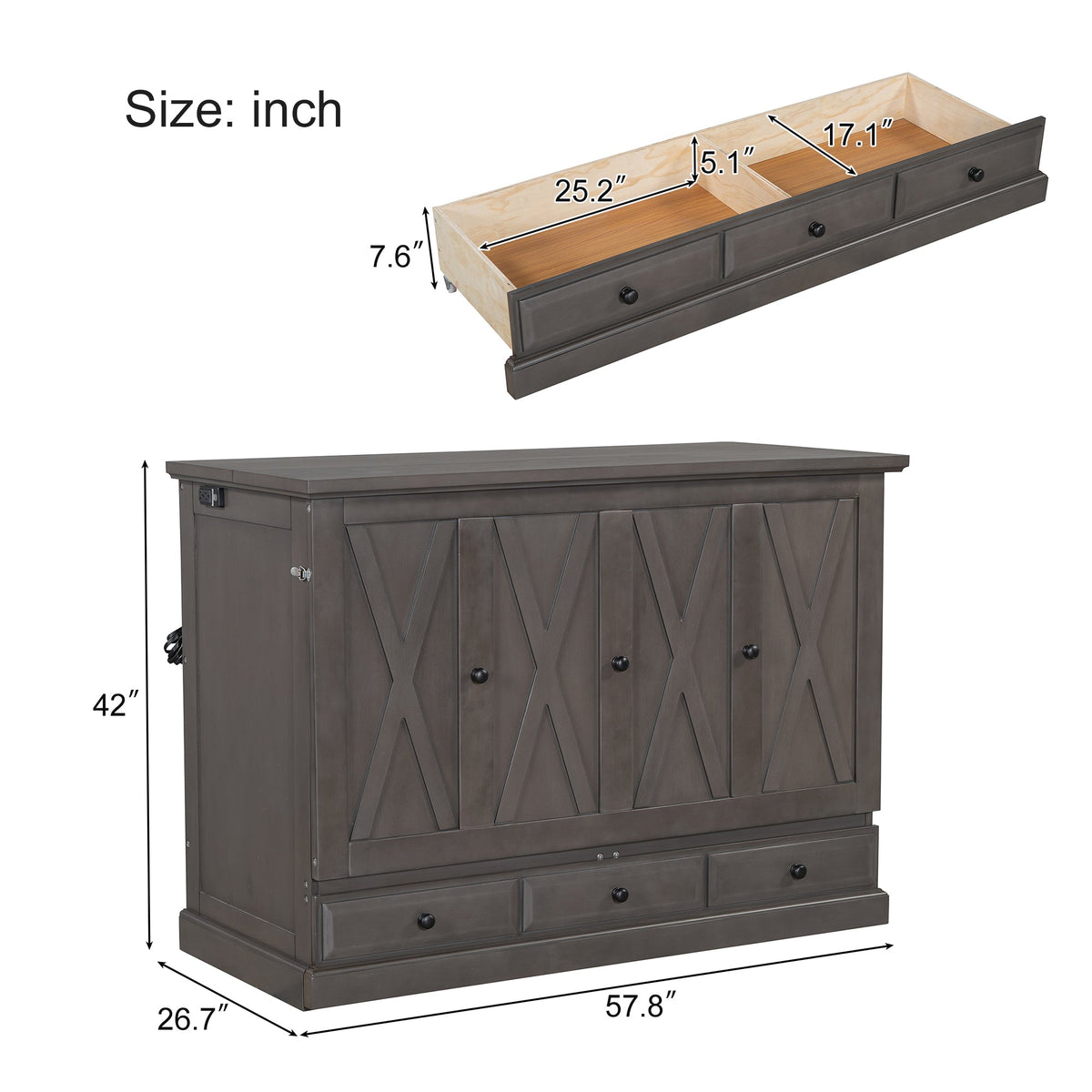 Roomfitters Full Size Solid Wood Murphy Bed Chest Cabinet, Farmhouse Wall Bed Charging Station Storage Drawer, Grey Roomfitters