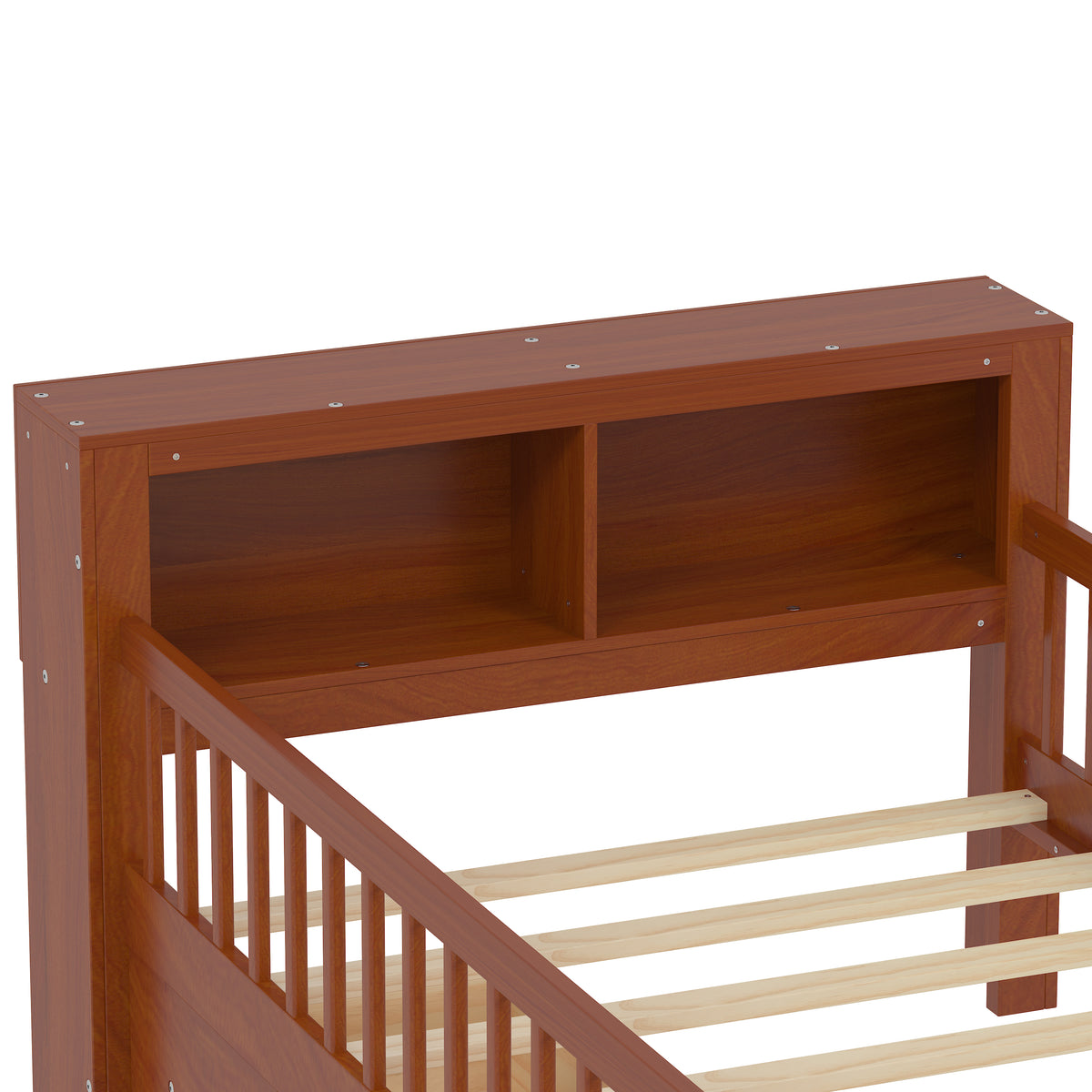 variant-group:rf-n733p272374d|Roomfitters Twin Bed with Headboard Storage Rack, Under-Bed Storage and Three-Side Guardrails, Walnut
