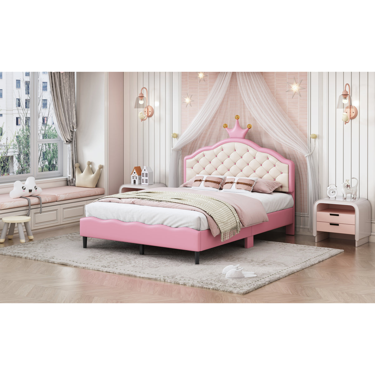 variant-group:rf-n733p198762h|Roomfitters Full Size Upholstered Princess Bed with Crown Design, Elegant PU Leather Platform Bed with Tufted Headboard for a Stylish Bedroom, Pink + Cream
