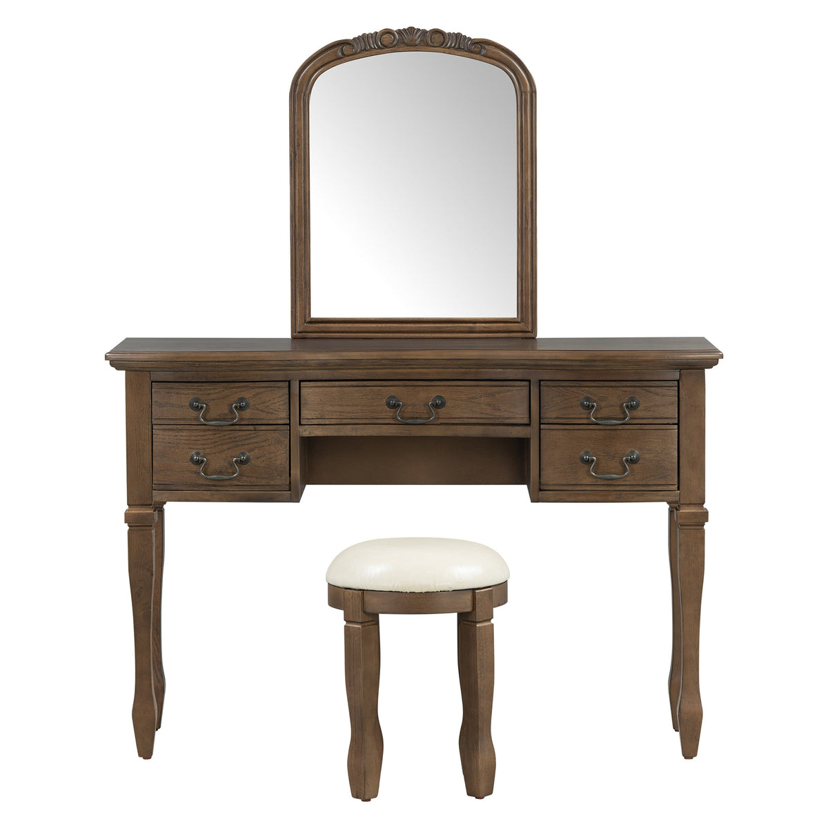 Roomfitters 46-Inch Vintage Makeup Vanity Table with Curved Flower Frame Mirror and Upholstered Leather Stool Espresso Roomfitters