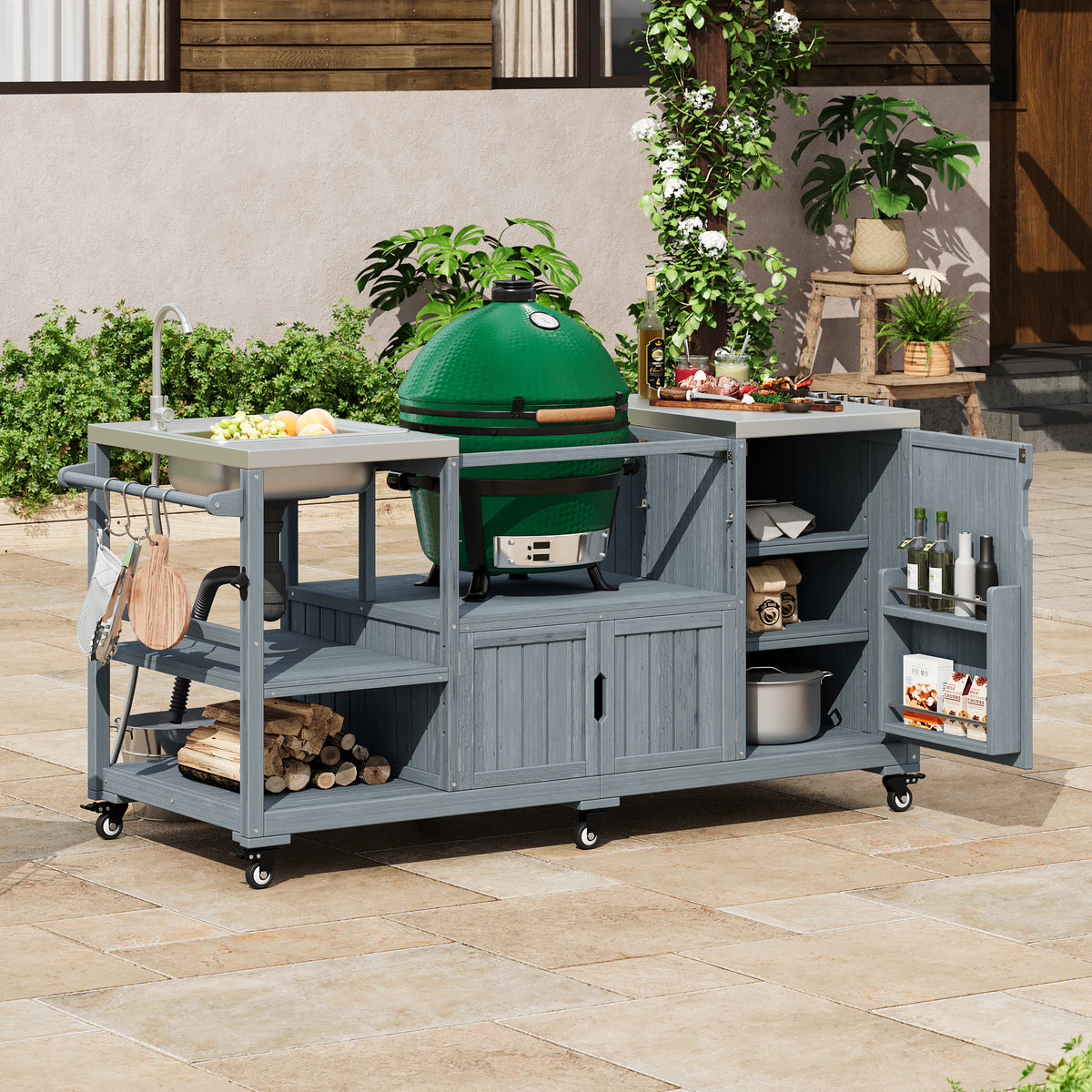 variant-group:rf-n707s000022g|Roomfitters 75.4" Outdoor Kitchen Island with Sink, Fir Wood Grill Cart for XL Green Egg & Tabletop Grills, Grey Blue