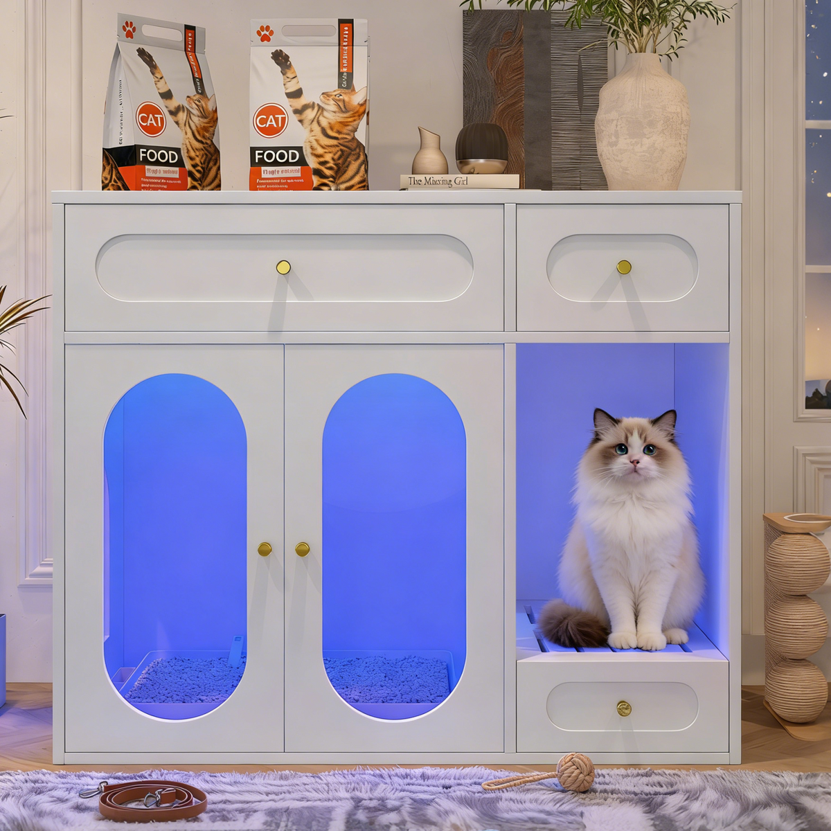 Roomfitters White Chic Sideboard Style Cat Litter Box Enclosure Cabinet with App Controlled LED Lighting Roomfitters