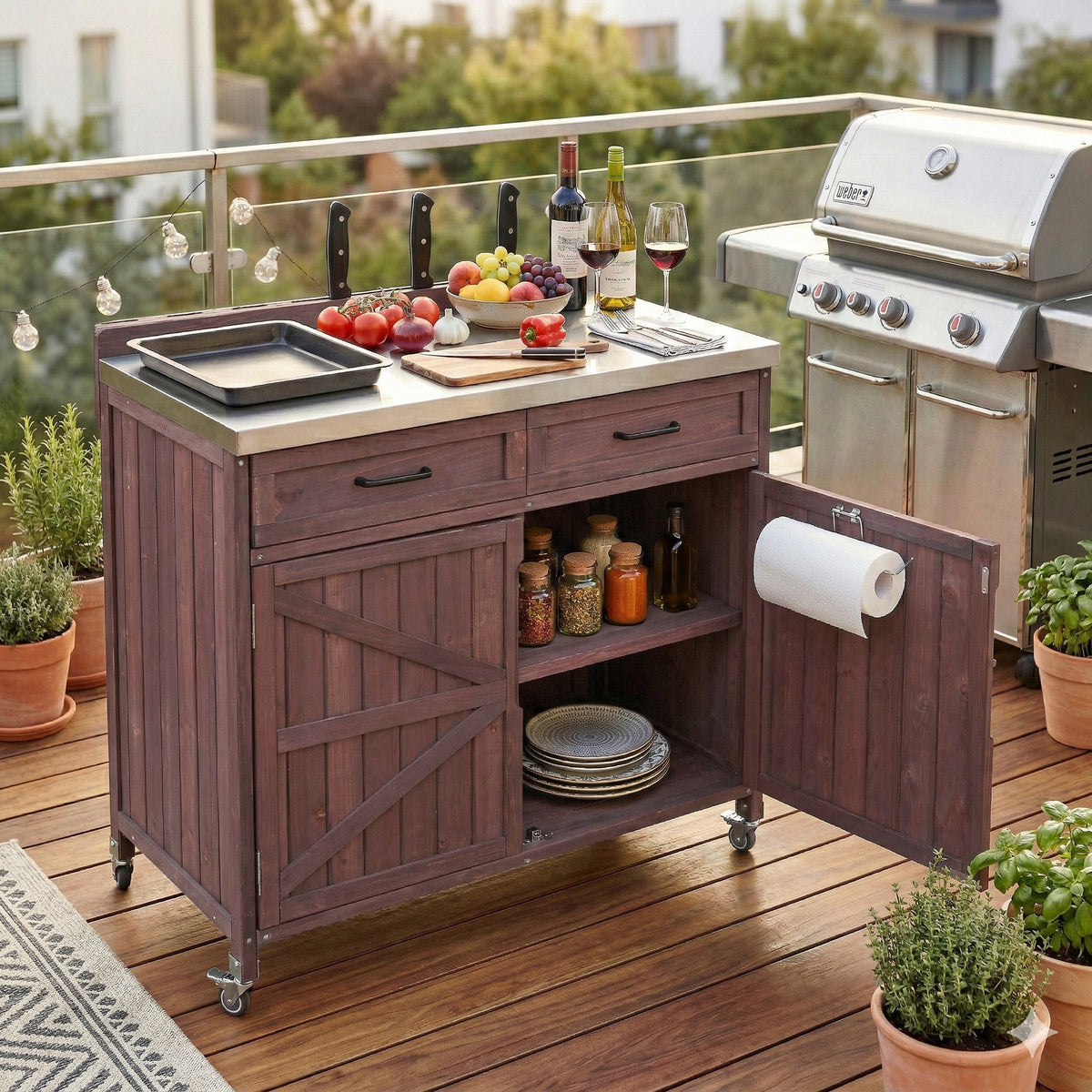 variant-group:rf-n707p370273z|Roomfitters 39.4" Grill Cart, Outdoor Kitchen Island with Stainless Steel Top, BBQ Prep Station with Storage Cabinet, Brown