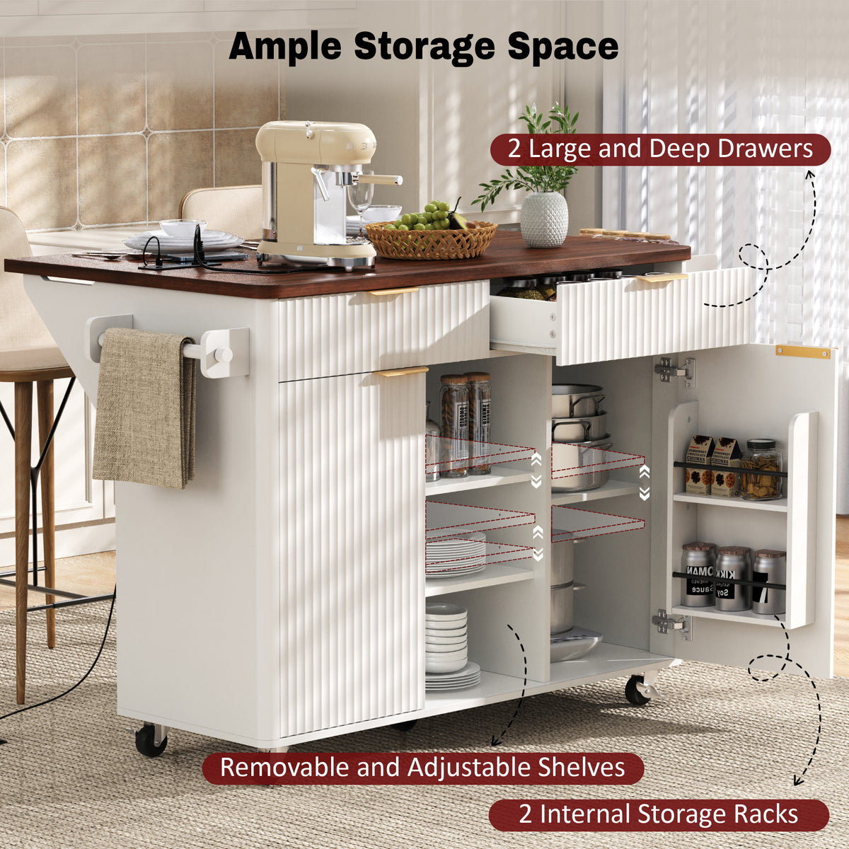 variant-group:rf-n707s000019w|Roomfitters 52" Fluted Kitchen Island with Drop Leaf, Power Outlet & Walnut Wood-Grain Top, White