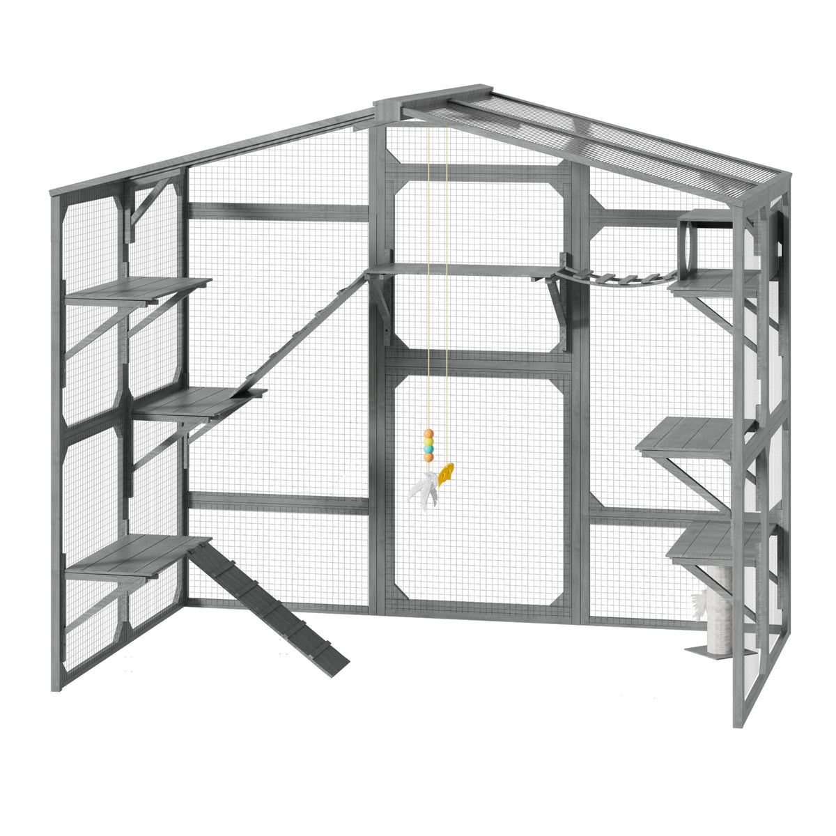 variant-group:rf-n704g201620e|Roomfitters Extra Large Wood Catio Cat Cage Outdoor Kennel with Transparent Sunroof and Dual Storage Shelves Gray