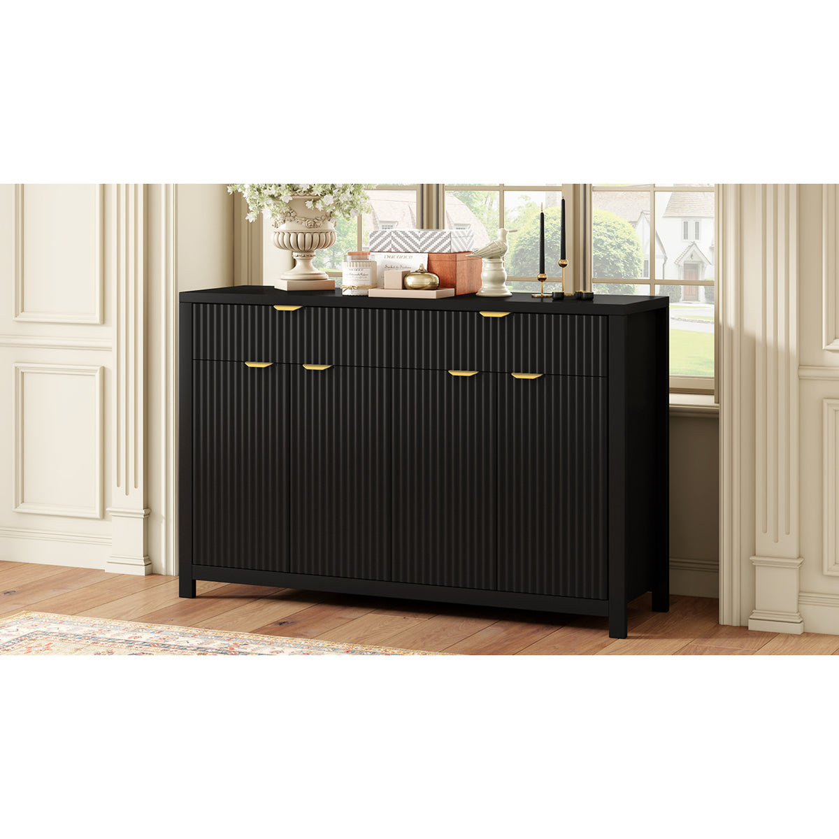 variant-group:rf-n711p269068b|Roomfitters Modern Sideboard Cabinet, Wave Pattern Storage Buffet with Adjustable Shelves, Accent Console, Black