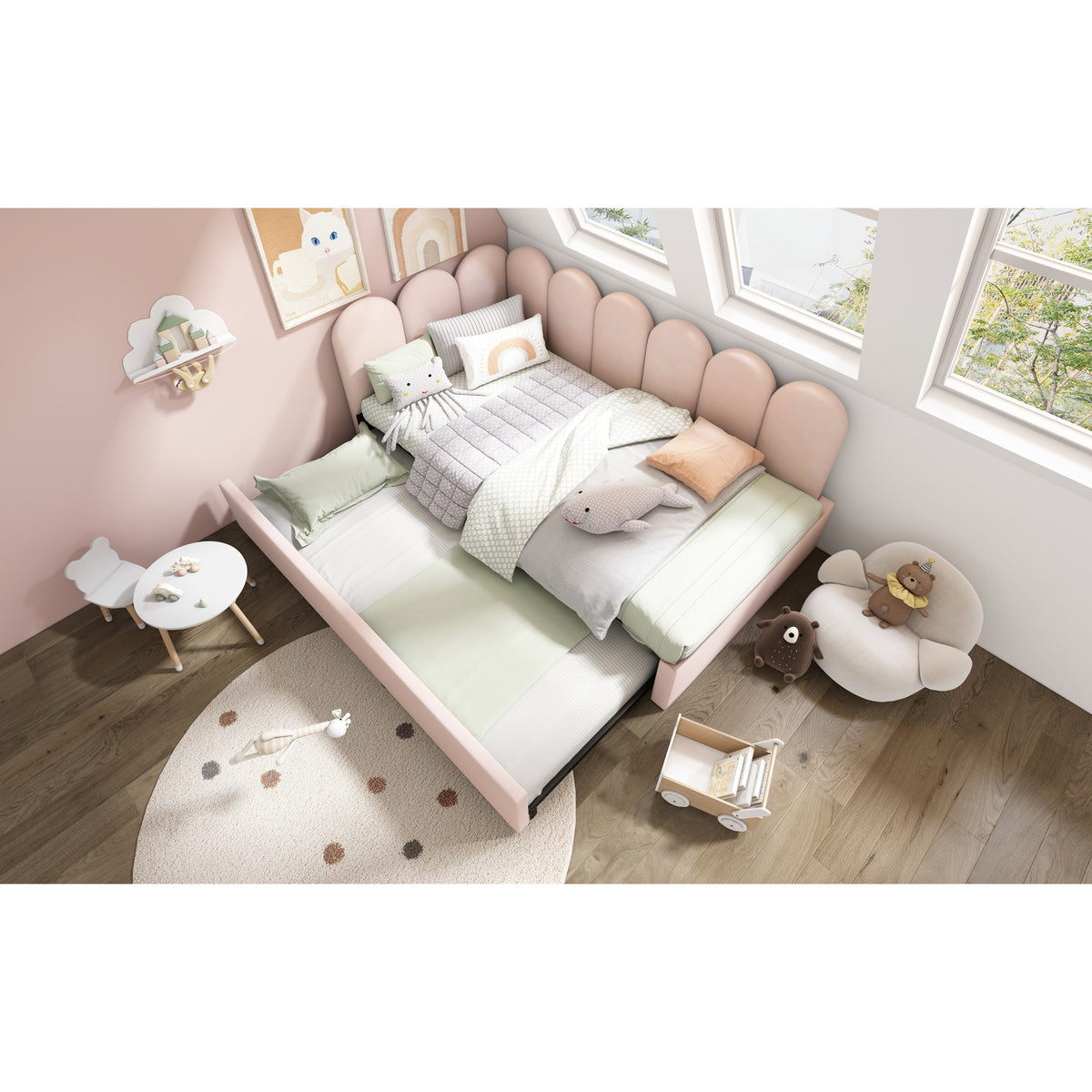 variant-group:rf-n736aa20362122p|Roomfitters Velvet Upholstered Twin Daybed with Pull Out Trundle, Sofa Bed with Metal Slat Frame, Pink