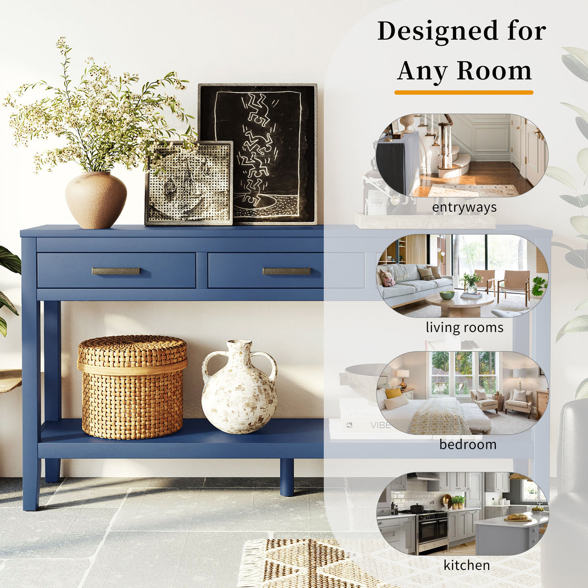 variant-group:rf-n711p410445v|Roomfitters 59.1" Farmhouse Entryway Table with 3 Drawers, Slim Console Sofa Table with Open Shelf for Hallway, Navy Blue
