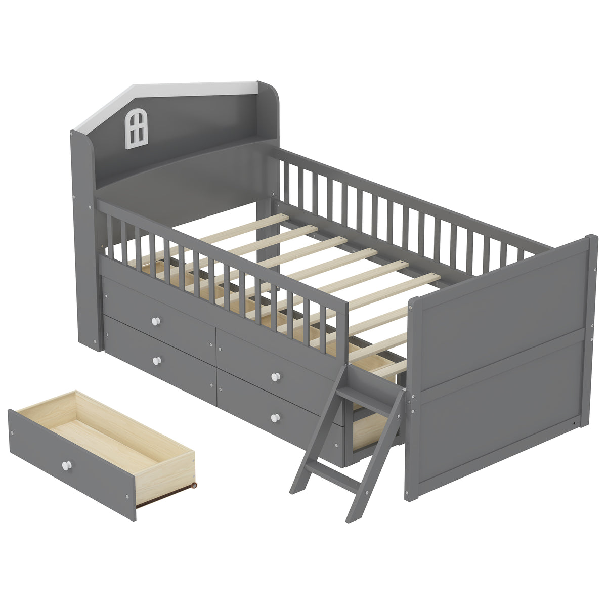 variant-group:rf-n733s278032e|Roomfitters Twin Platform Bed Frame with Four Drawers, Wooden Kids Bed with Guardrail Headboard and Ladder, Gray