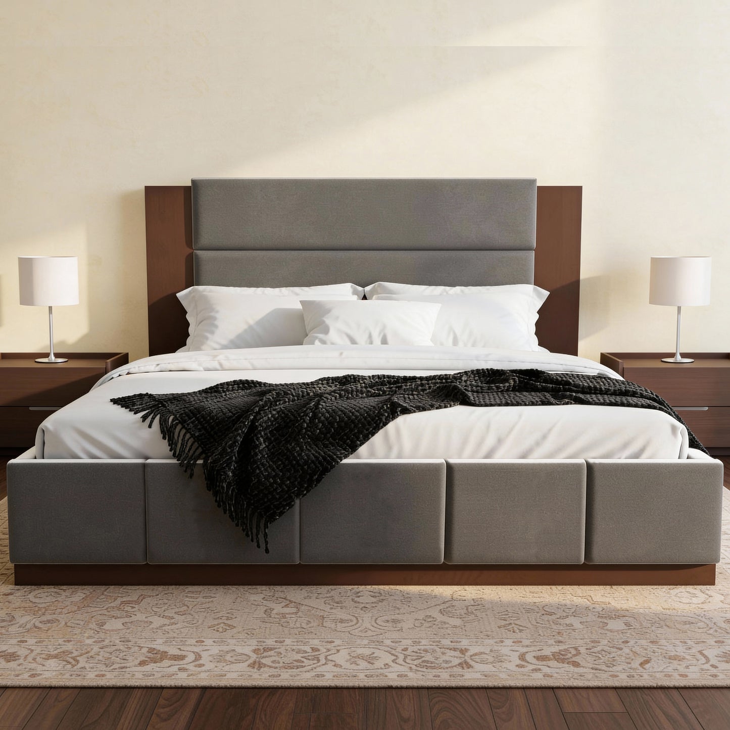 variant-group:rf-n701bs701p388105e|Roomfitters King Size Upholstered Platform Bed Frame, Extended Wood Headboard Velvet Bed, No Box Spring Needed, Grey