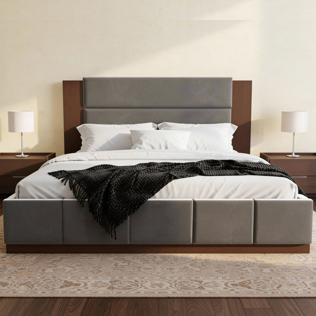 variant-group:rf-n701bs701p388105e|Roomfitters King Size Upholstered Platform Bed Frame, Extended Wood Headboard Velvet Bed, No Box Spring Needed, Grey