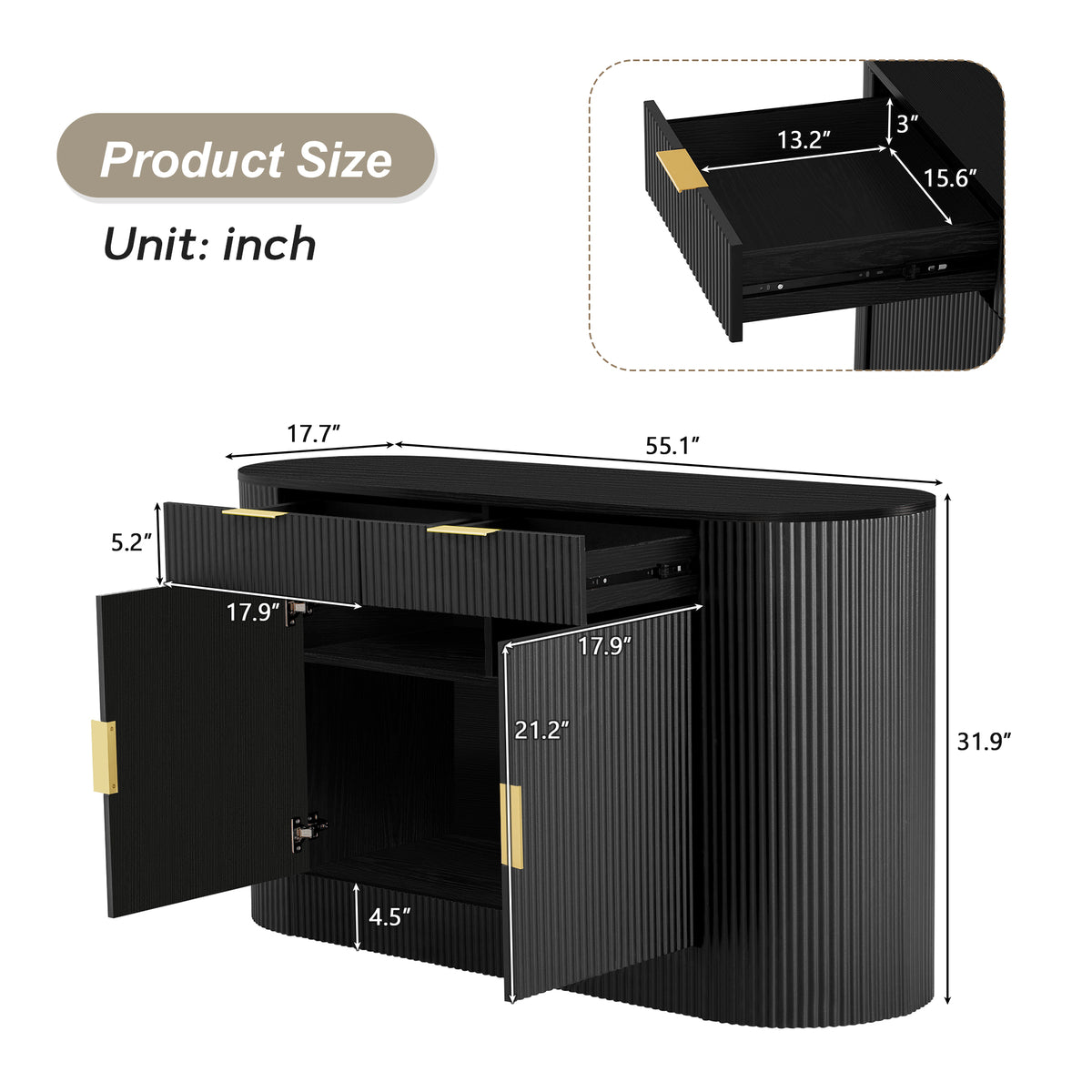 variant-group:rf-n711p345168b|Roomfitters 55.1" Oval Sideboard Buffet Cabinet with 2 Drawers & Wine Rack, Mid-century Modern Fluted Accent for Dining, Black