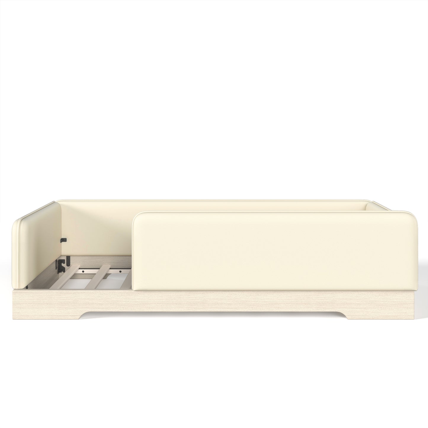 variant-group:rf-w1580p493129|Roomfitters Twin Size Upholstered Floor Bed Frame with Removable Guardrails, Faux Leather Low Profile Platform, Beige