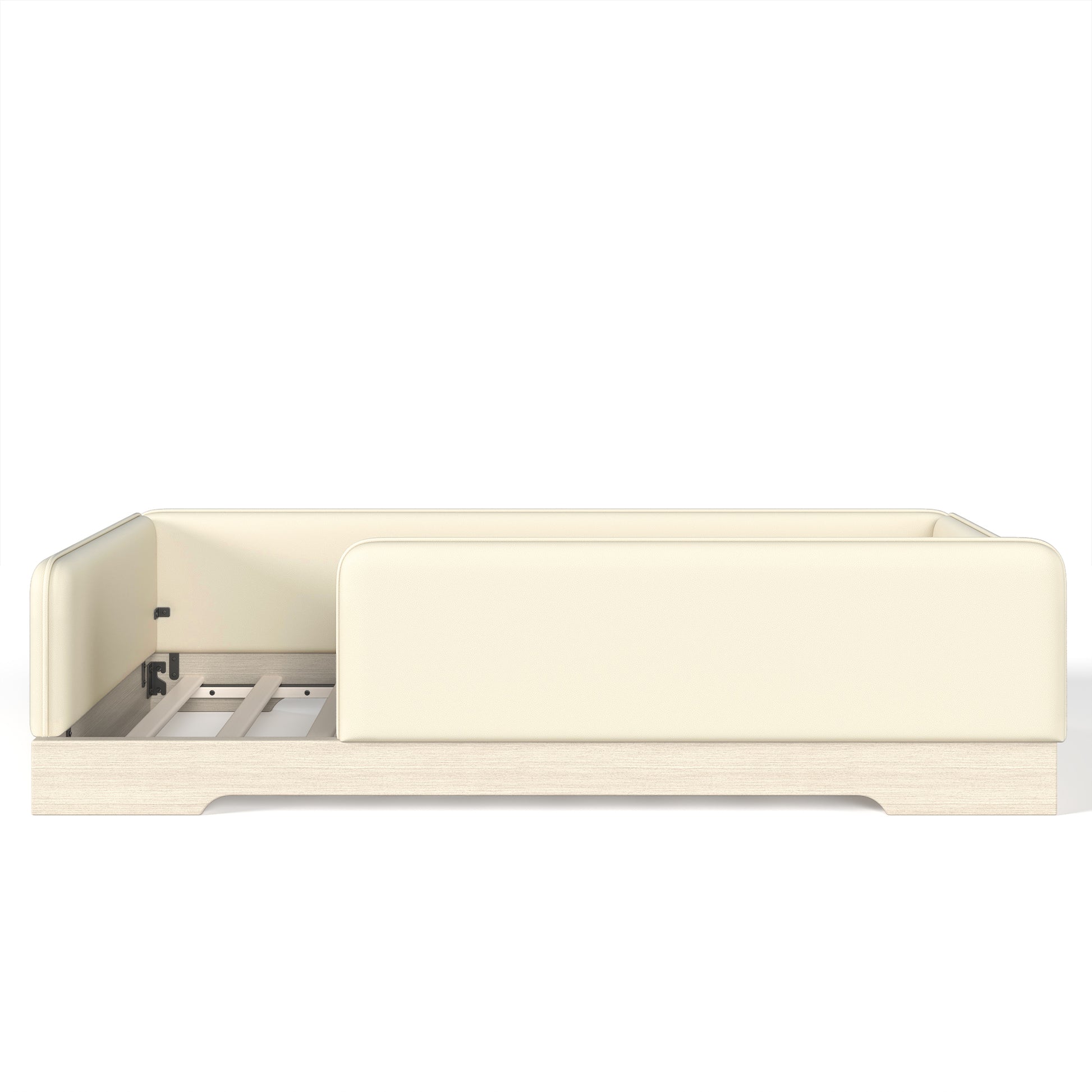 variant-group:rf-w1580p493129|Roomfitters Twin Size Upholstered Floor Bed Frame with Removable Guardrails, Faux Leather Low Profile Platform, Beige