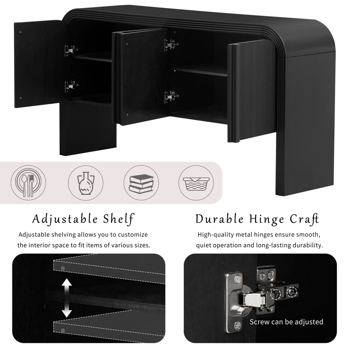 variant-group:rf-n711p415846b|Roomfitters Modern Rustic Black Curved Wave Pattern Console Table with Adjustable Storage Shelf and Elegant Wooden Handles