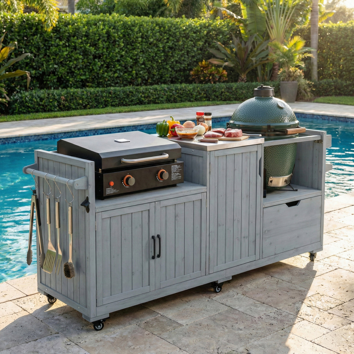 variant-group:rf-n707p392140g|Roomfitters 80.5" Extra Large Grill Cart, Outdoor Kitchen Prep Station with Stainless Steel Top & Kamado Grill Stand, Grey+Blue