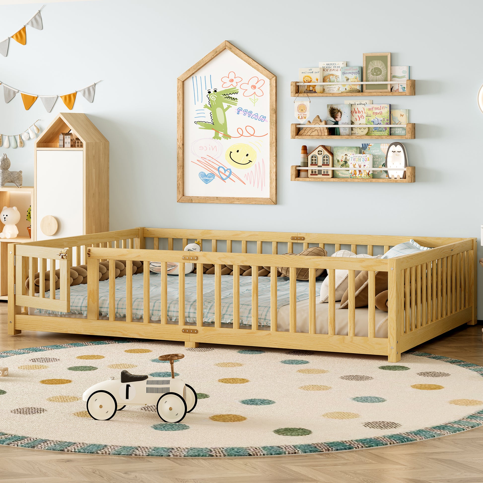 variant-group:rf-w1580p338954|Roomfitters Wooden Queen Floor Bed Frame with Door & Safety Guardrails, Low Platform Design for Bedroom or Playroom, Natural