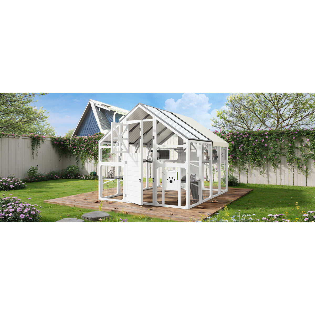 variant-group:rf-n704g201618k|Roomfitters Extra Large Outdoor Catio Cat Enclosure with Cooling PVC Roof and Insulated Boxes White & Gray
