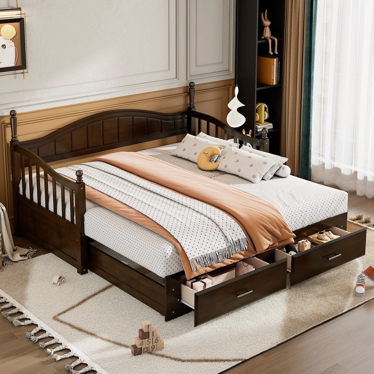 variant-group:rf-n733s173459p|Roomfitters Wooden Twin Size Daybed with Expandable Design, Twin Trundle and Two Practical Storage Drawers, Espresso