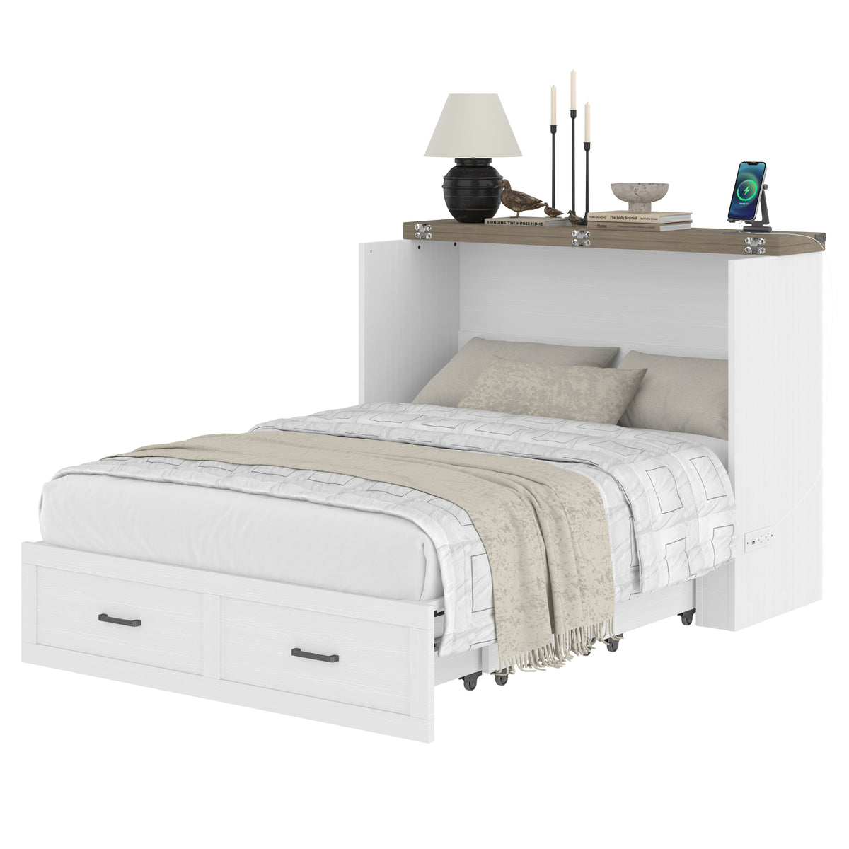 variant-group:rf-n733s293995w|Roomfitters Full Size Murphy Bed Cabinet with Charging Station, Foldable Platform Bed with Storage Drawer, White