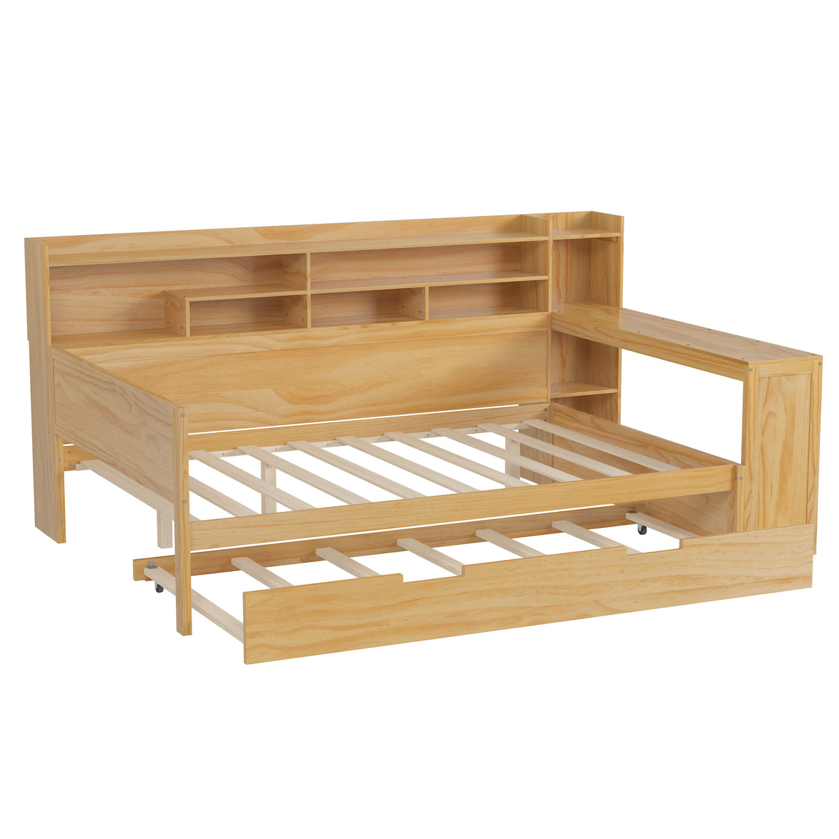 variant-group:rf-n733s373391m|Roomfitters Full Daybed with Twin Trundle, Storage Shelves and Desk, Wooden Multi-Functional Bed, Natural