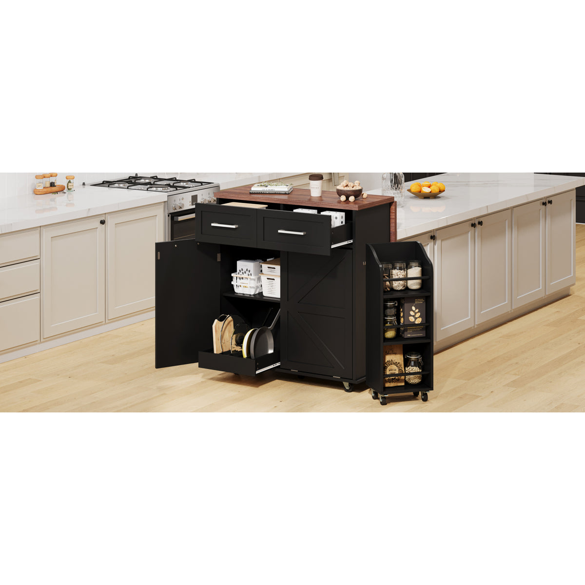 variant-group:rf-n707p307296b|Roomfitters 47.2" Farmhouse Kitchen Island with Drop Leaf, Tilt Trash Can Cabinet, Removable Mobile Side Racks, Black